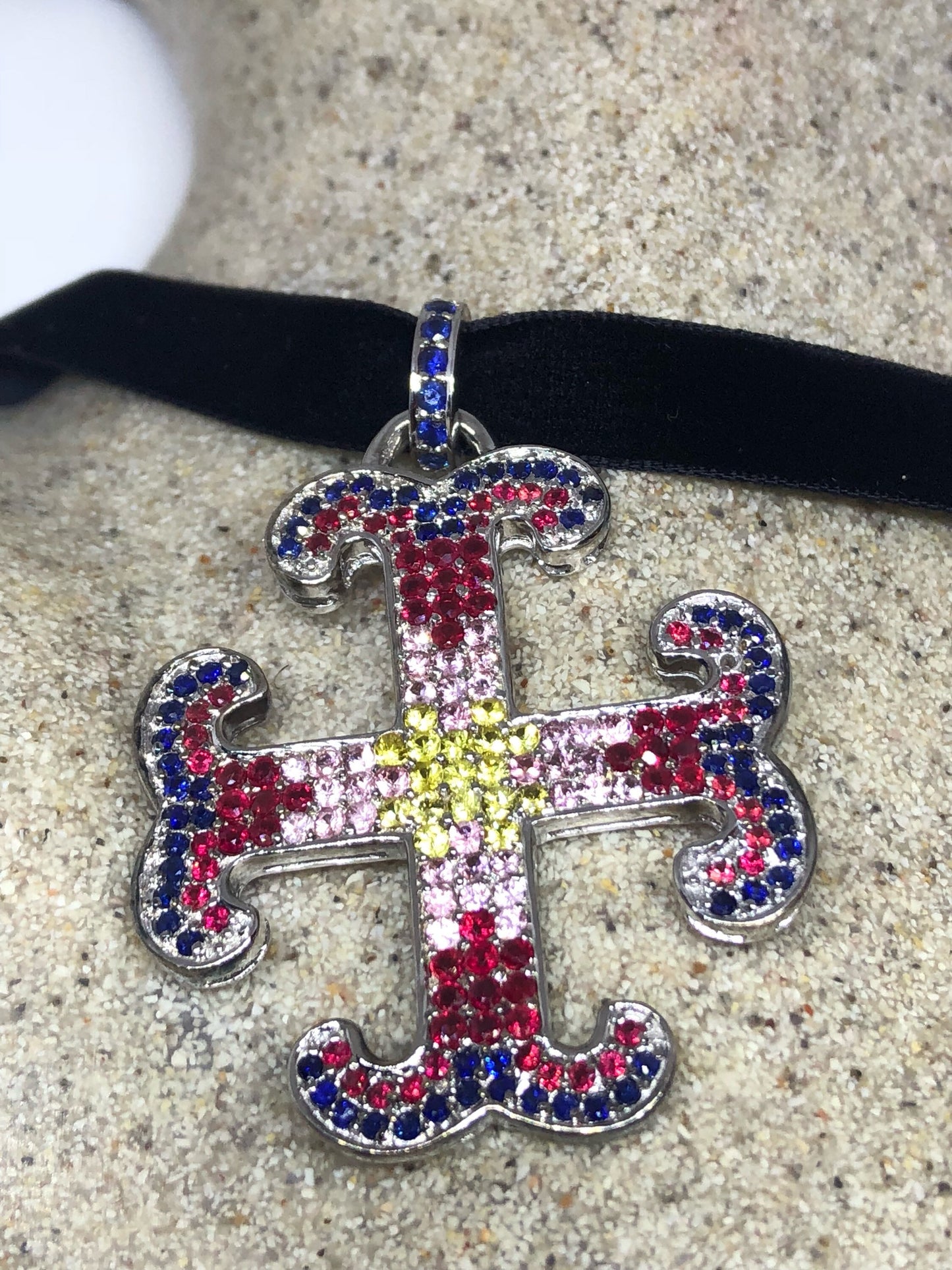 Vintage Handmade 925 Sterling Silver White Gold Finish Genuine Garnet Citrine Cross Antique Pendant Necklace