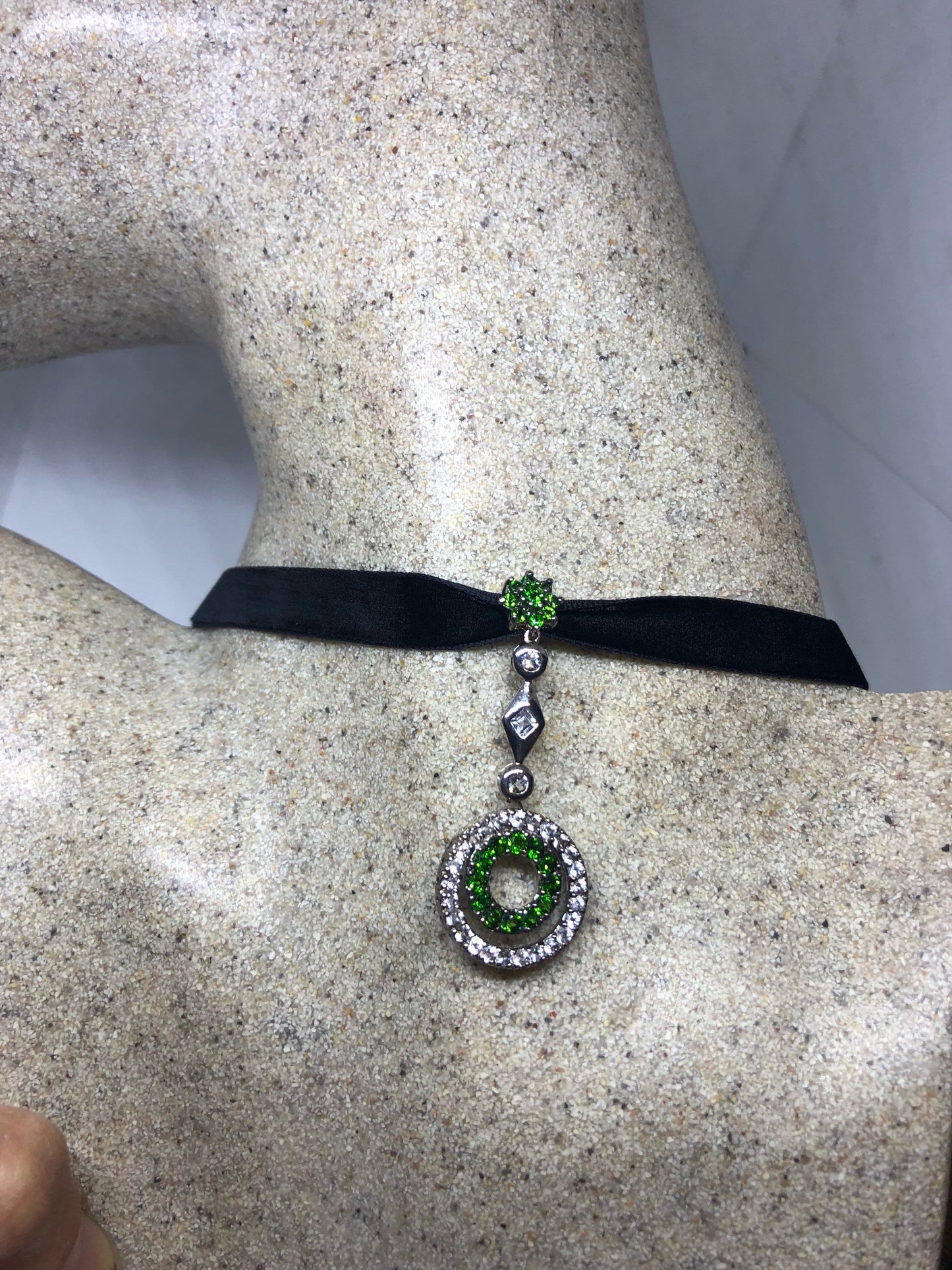 Vintage Green Choker Deco Chrome Diopside 925 Sterling Silver Pendant Necklace