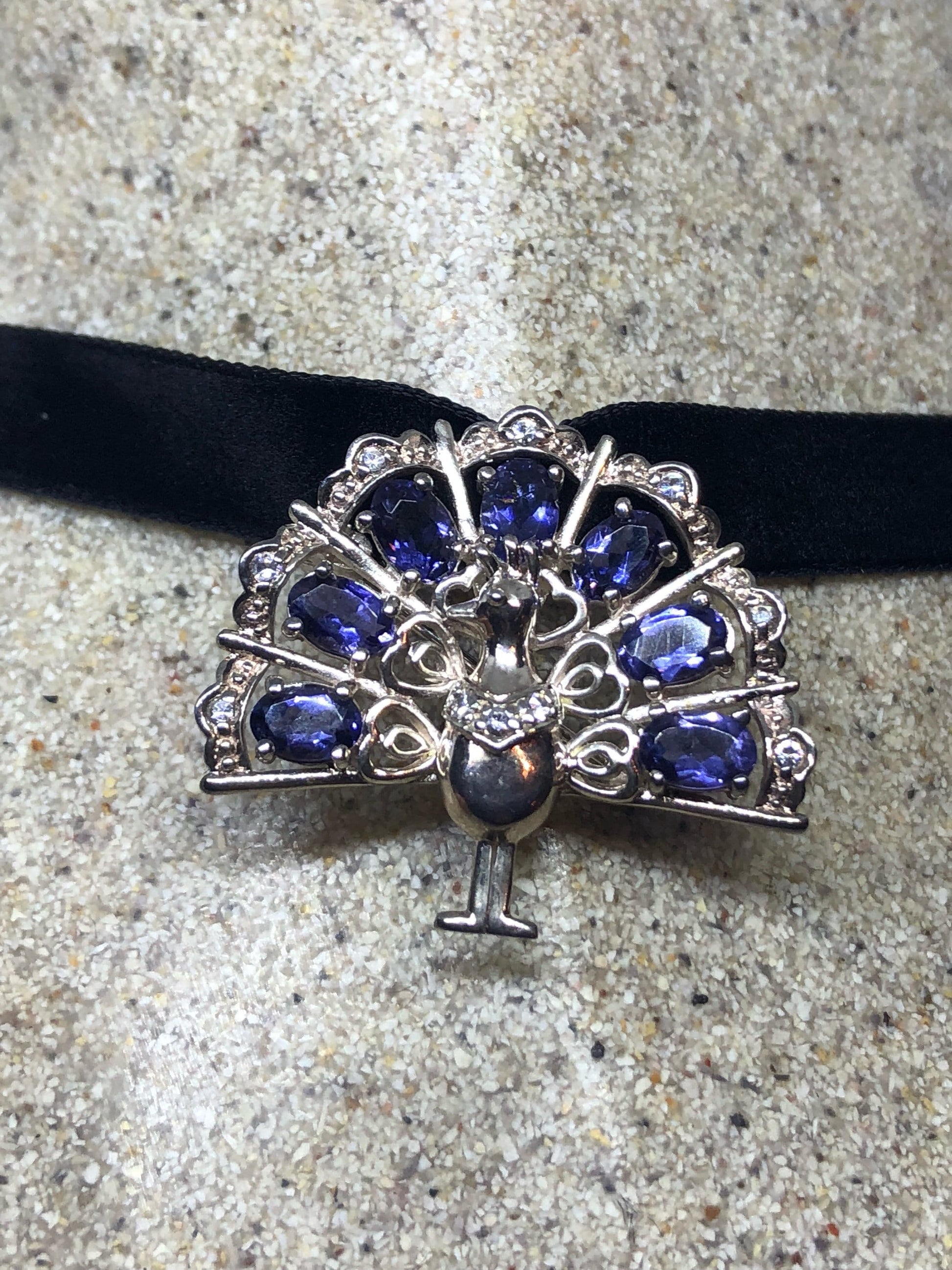 Vintage Blue Iolite Peacock Choker 925 Sterling Silver Necklace pin