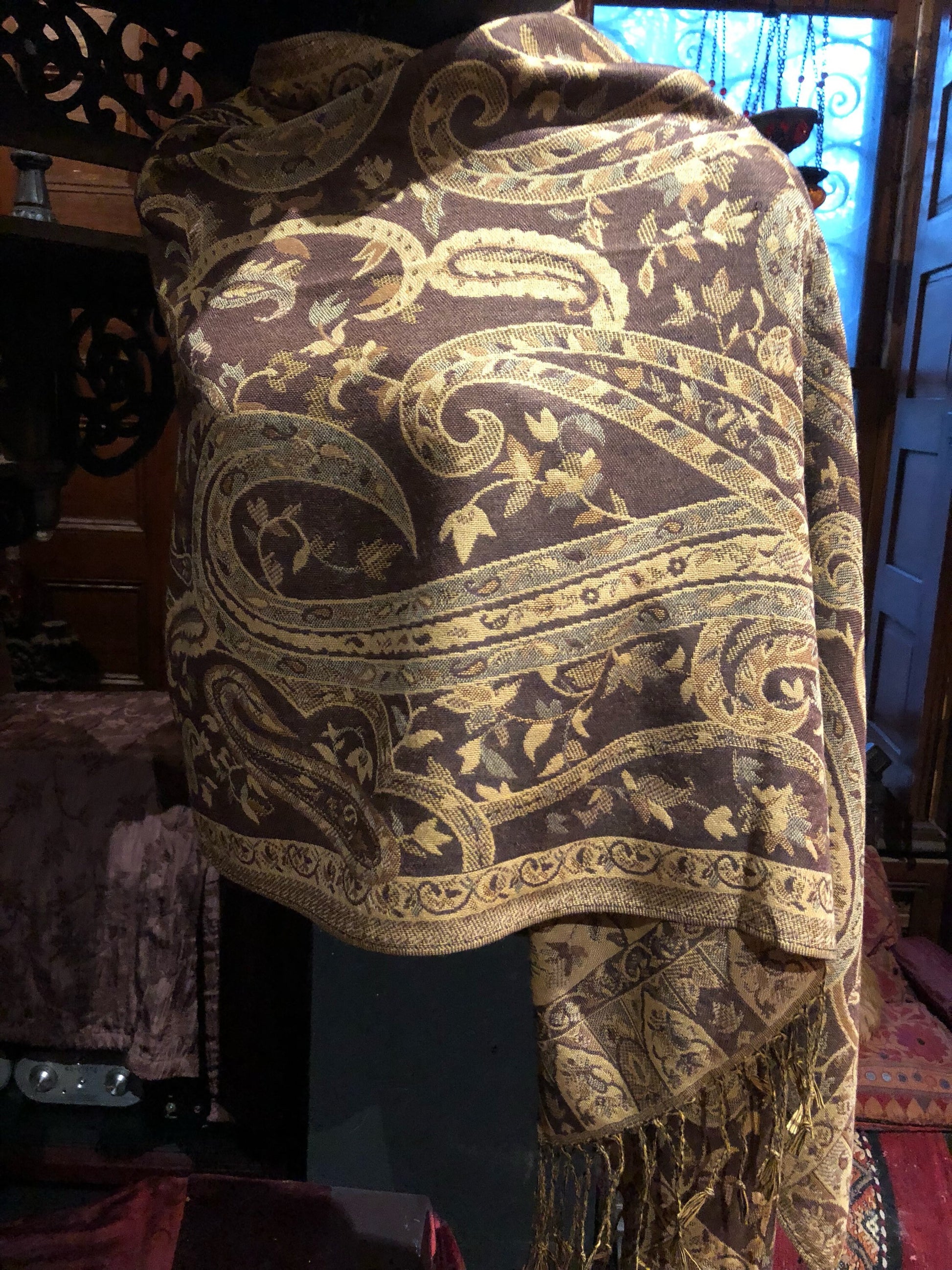 Vintage Brown Paisley Brocade Pashmina Scarf Wrap Shawl