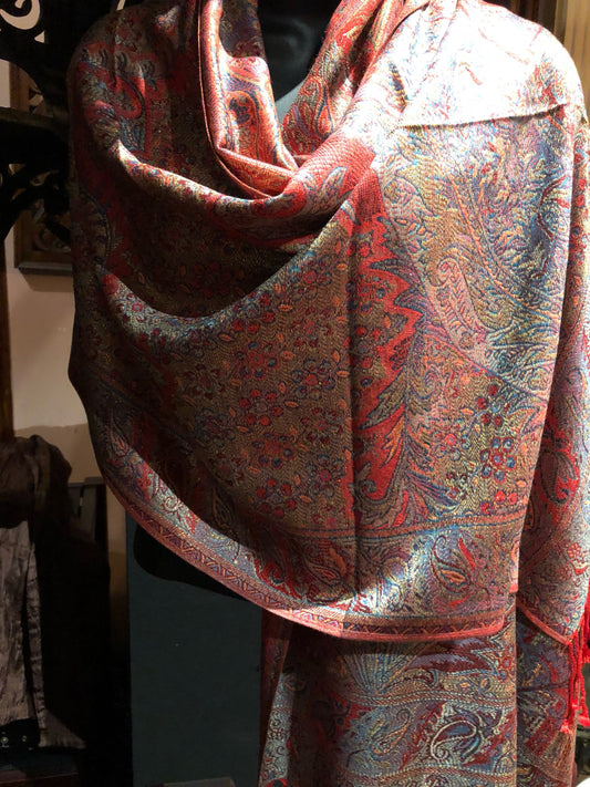 Vintage Red Metallic Gold Paisley Brocade Pashmina Scarf Wrap
