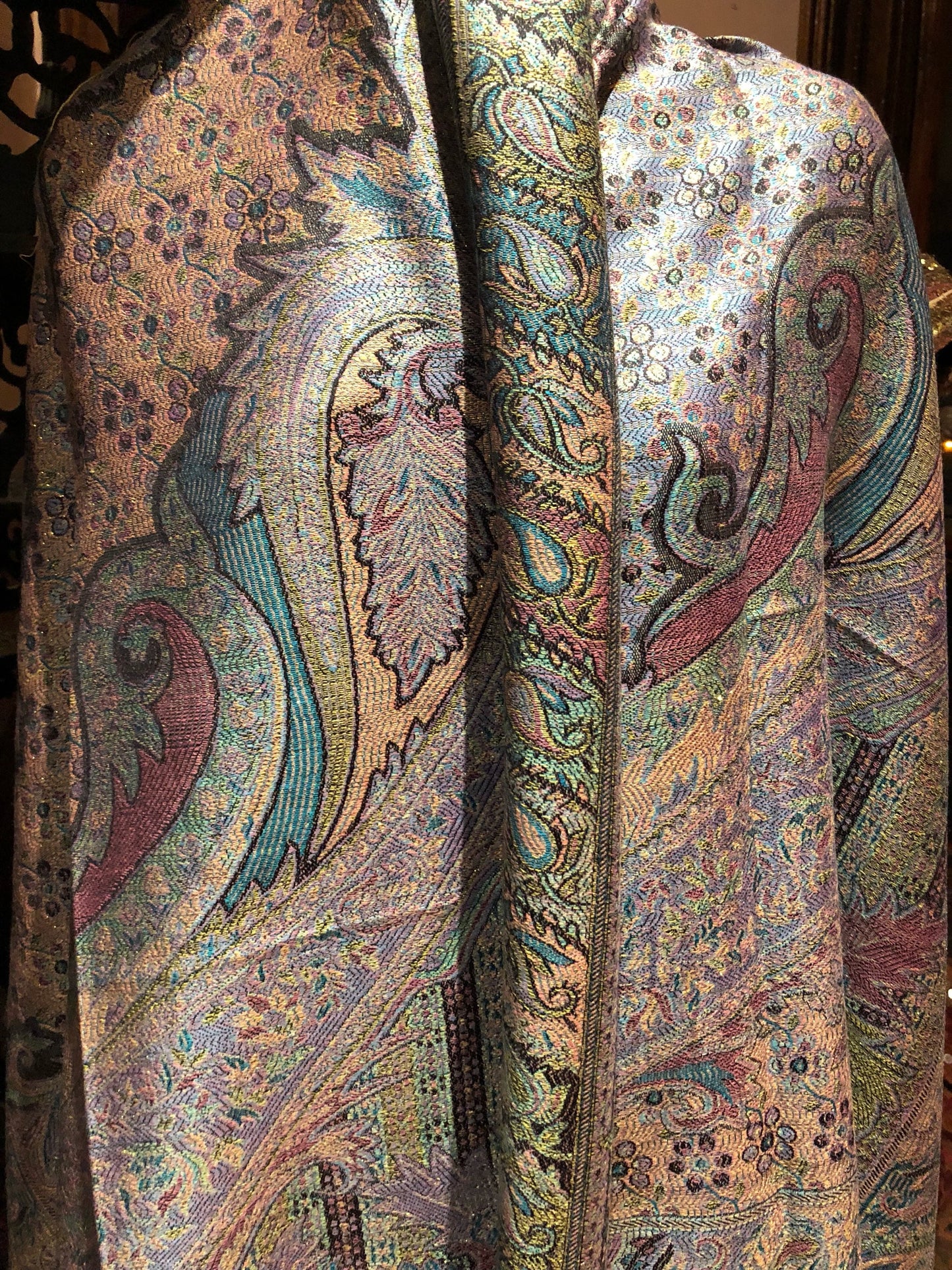 Vintage Pastel Metallic Gold Paisley Brocade Pashmina Scarf Wrap