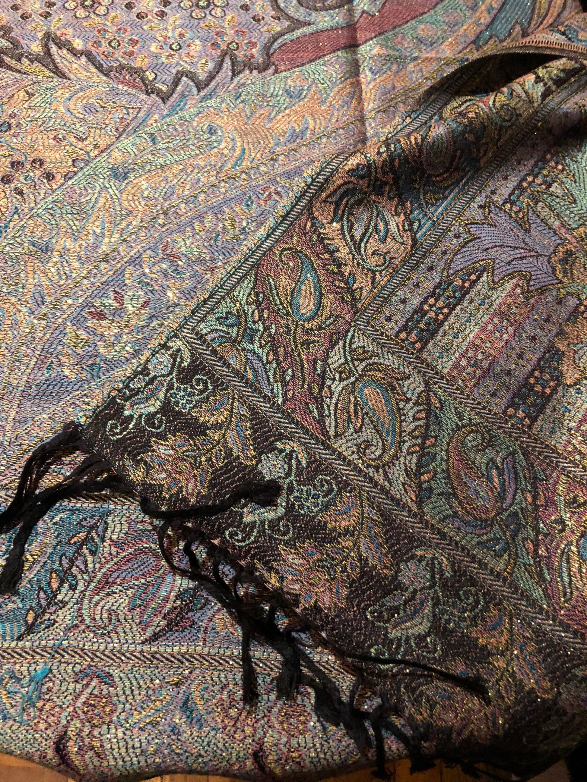 Vintage Pastel Metallic Gold Paisley Brocade Pashmina Scarf Wrap