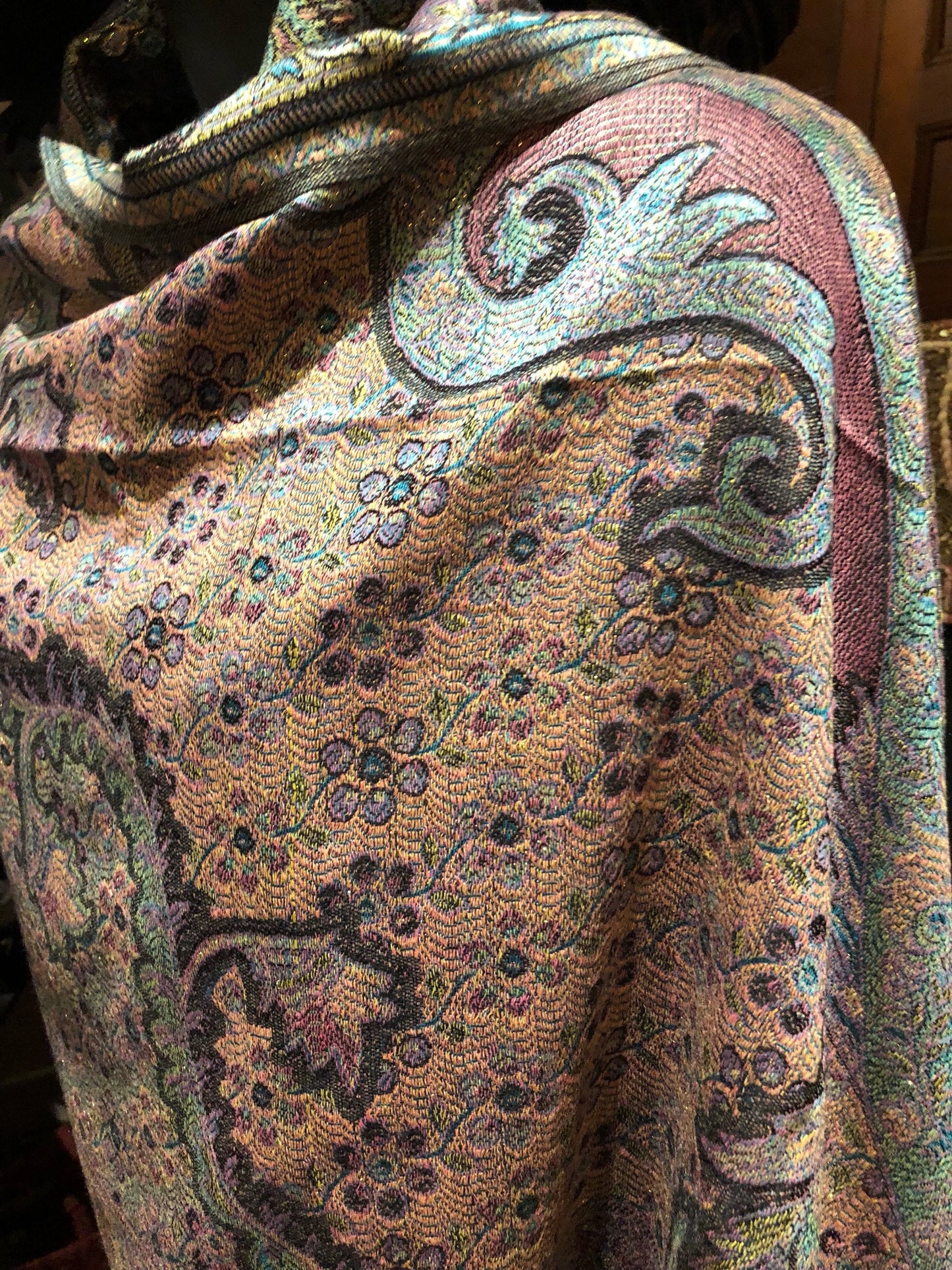 Vintage Pastel Metallic Gold Paisley Brocade Pashmina Scarf Wrap