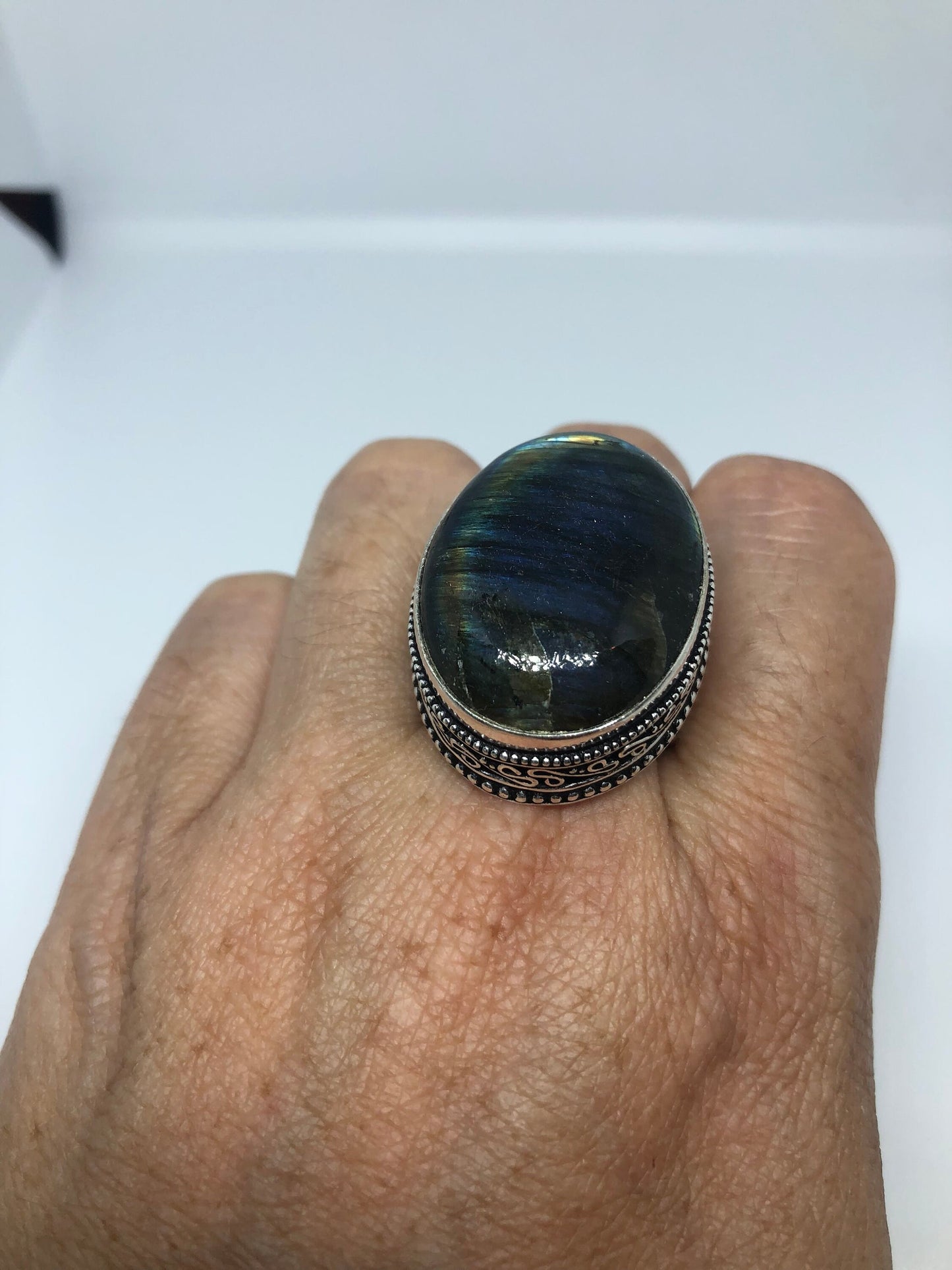 Vintage Large Blue Green Labradorite Stone Silver Ring