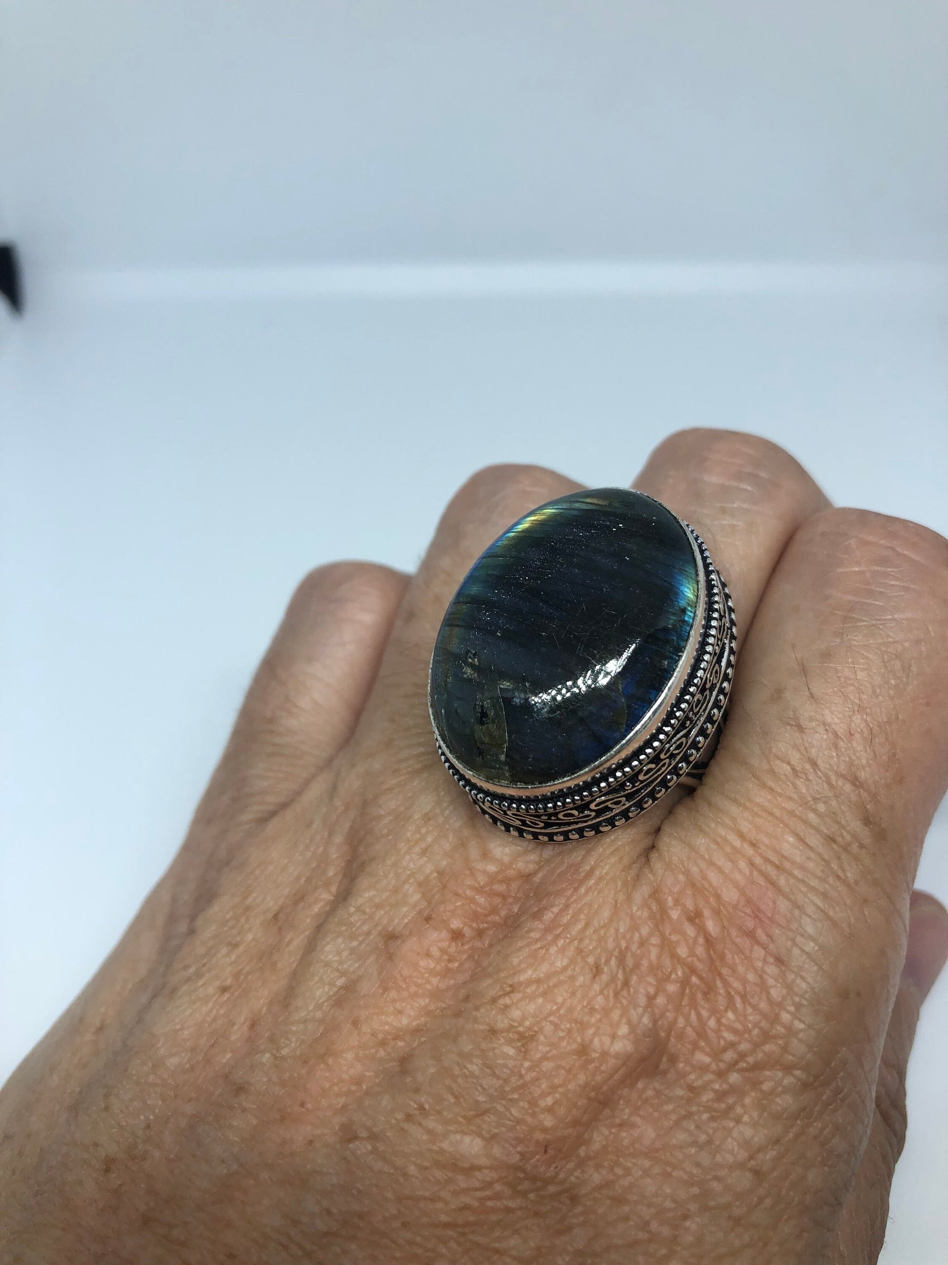 Vintage Large Blue Green Labradorite Stone Silver Ring