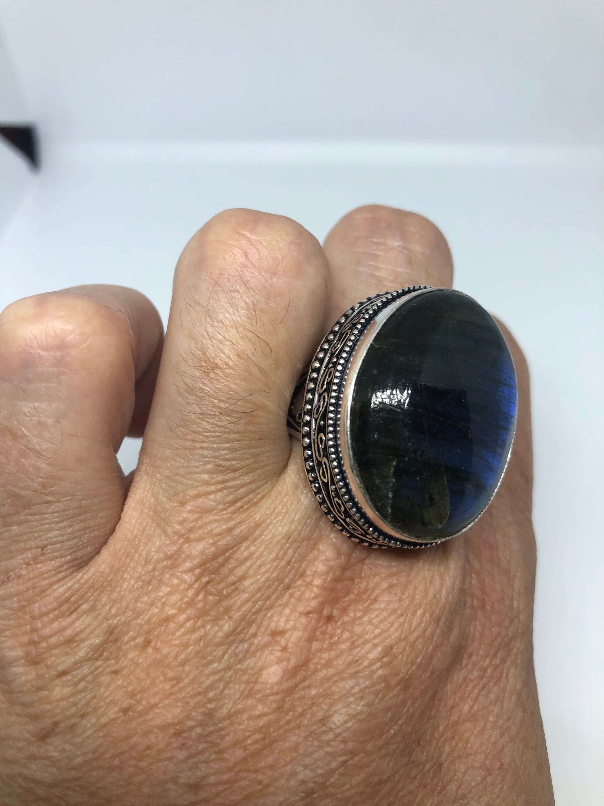 Vintage Large Blue Green Labradorite Stone Silver Ring