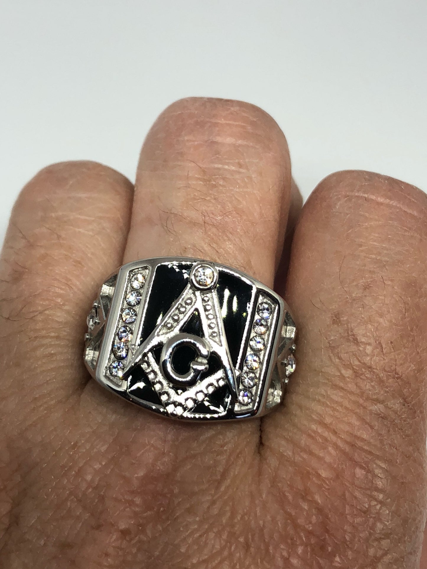 Vintage Gothic Stainless Steel Black Onyx Free Mason G Mens Ring