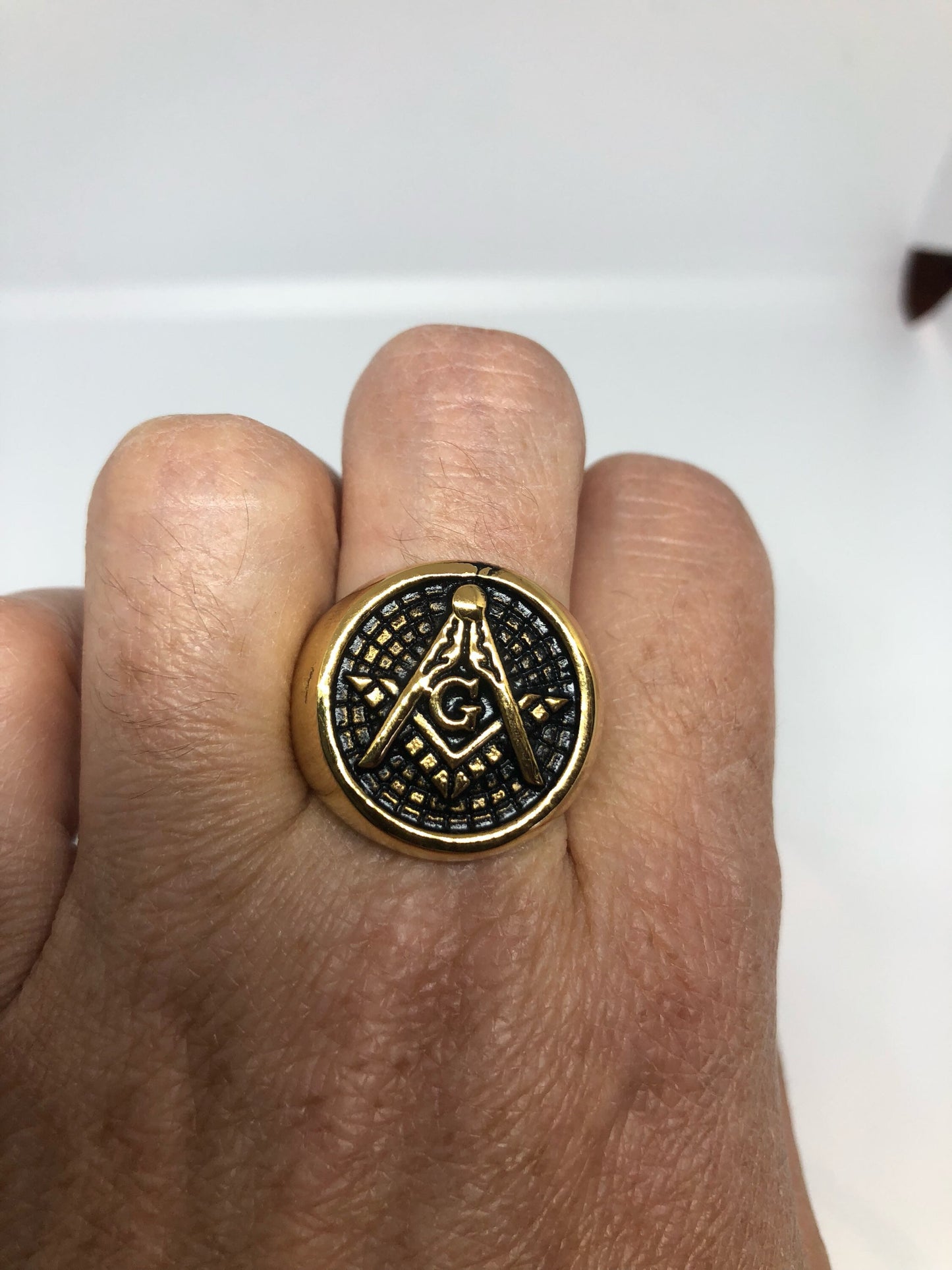 Vintage Gothic Golden Stainless Steel Free Mason G Mens Ring