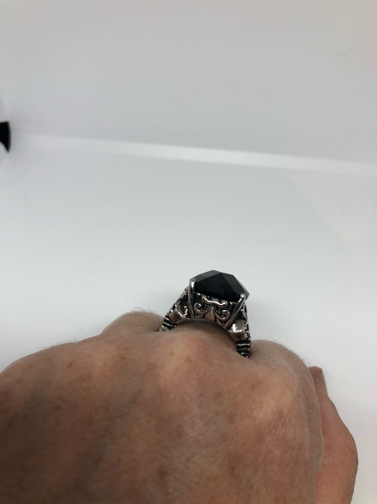 Vintage Gothic Black faceted jet Stainless Steel Mens Ring