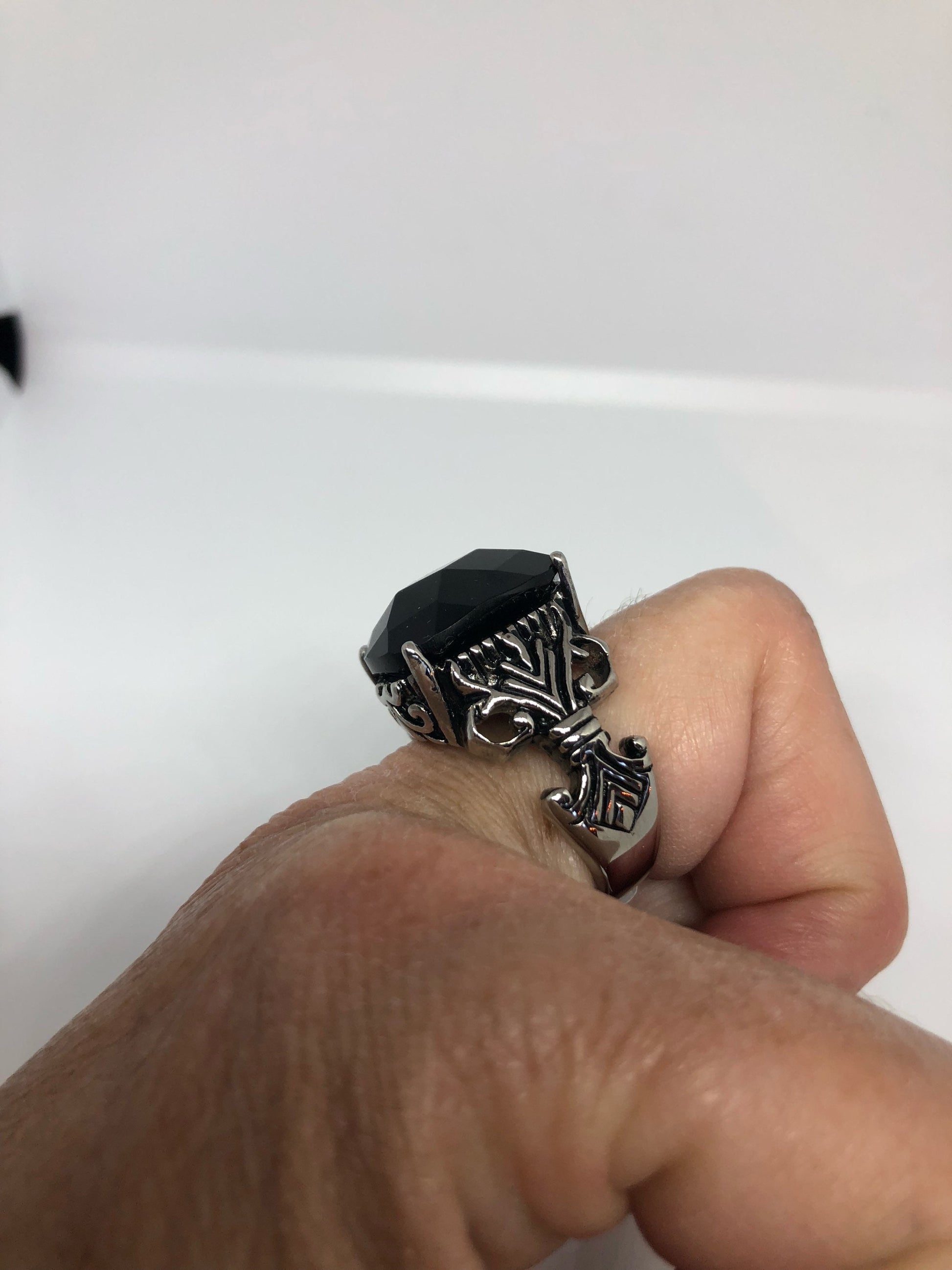 Vintage Gothic Black faceted jet Stainless Steel Mens Ring