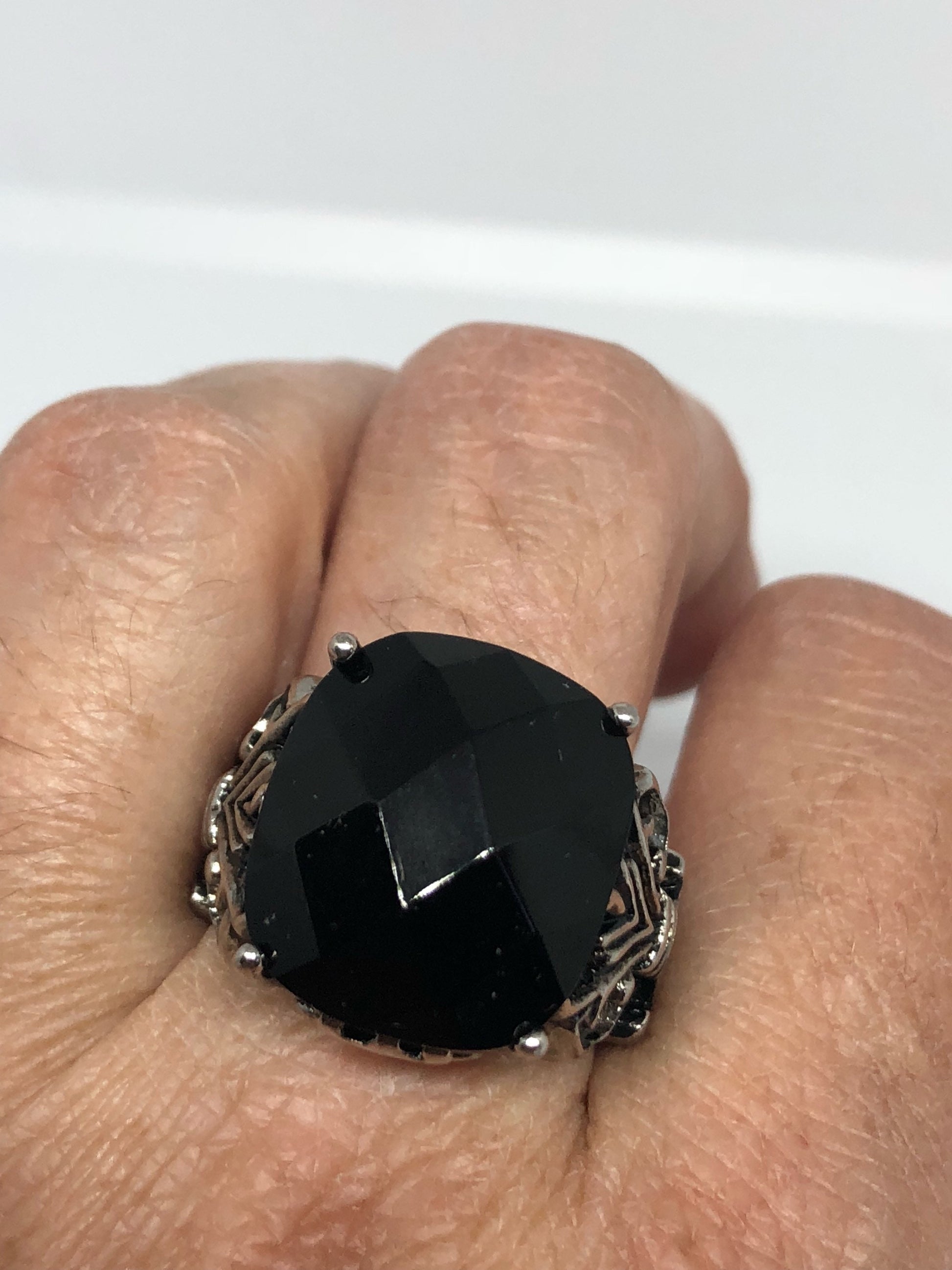 Vintage Gothic Black faceted jet Stainless Steel Mens Ring
