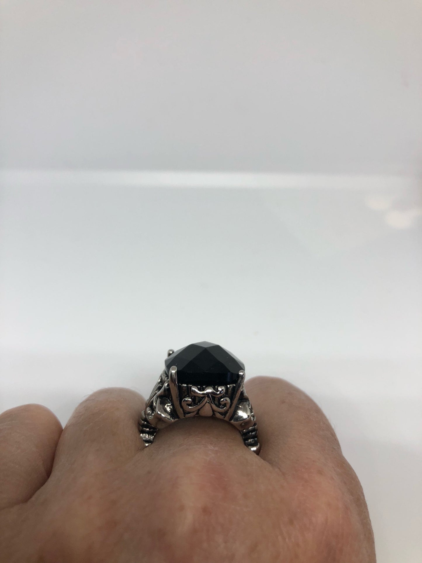 Vintage Gothic Black faceted jet Stainless Steel Mens Ring