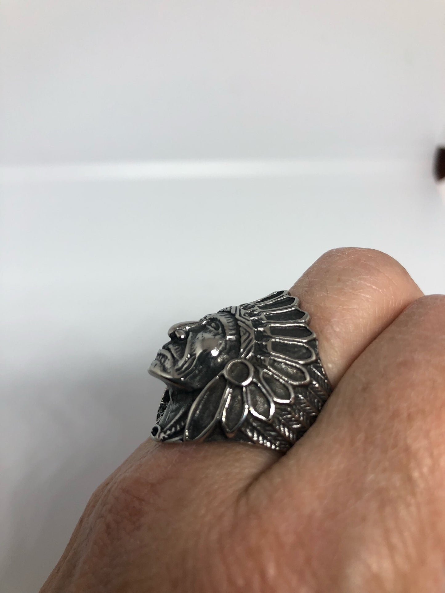 Vintage Native American Chief Silver Stainless Steel Mens Ring