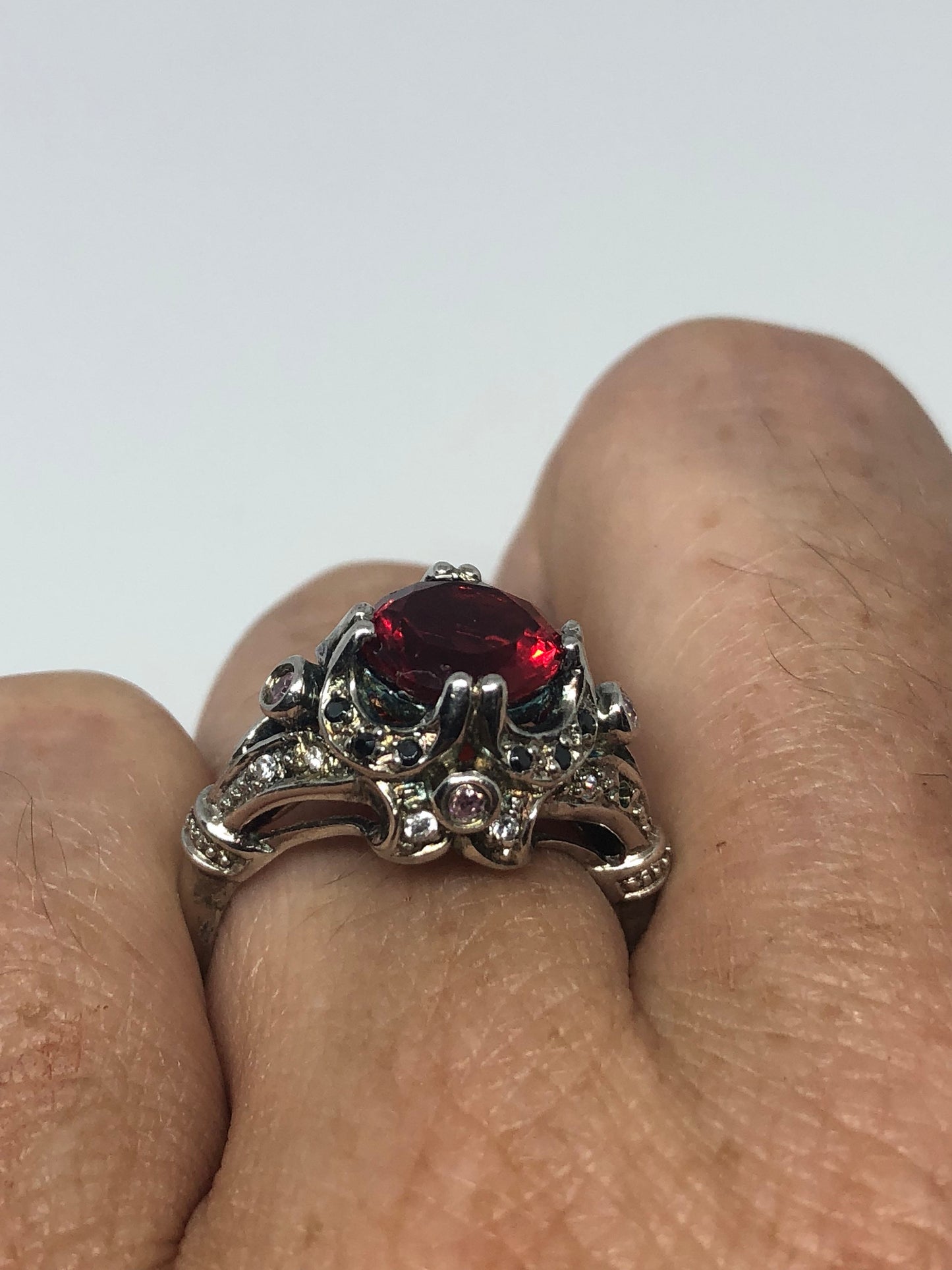 Vintage Handmade Red Tourmaline look Crystal 925 Sterling Silver Gothic Ring