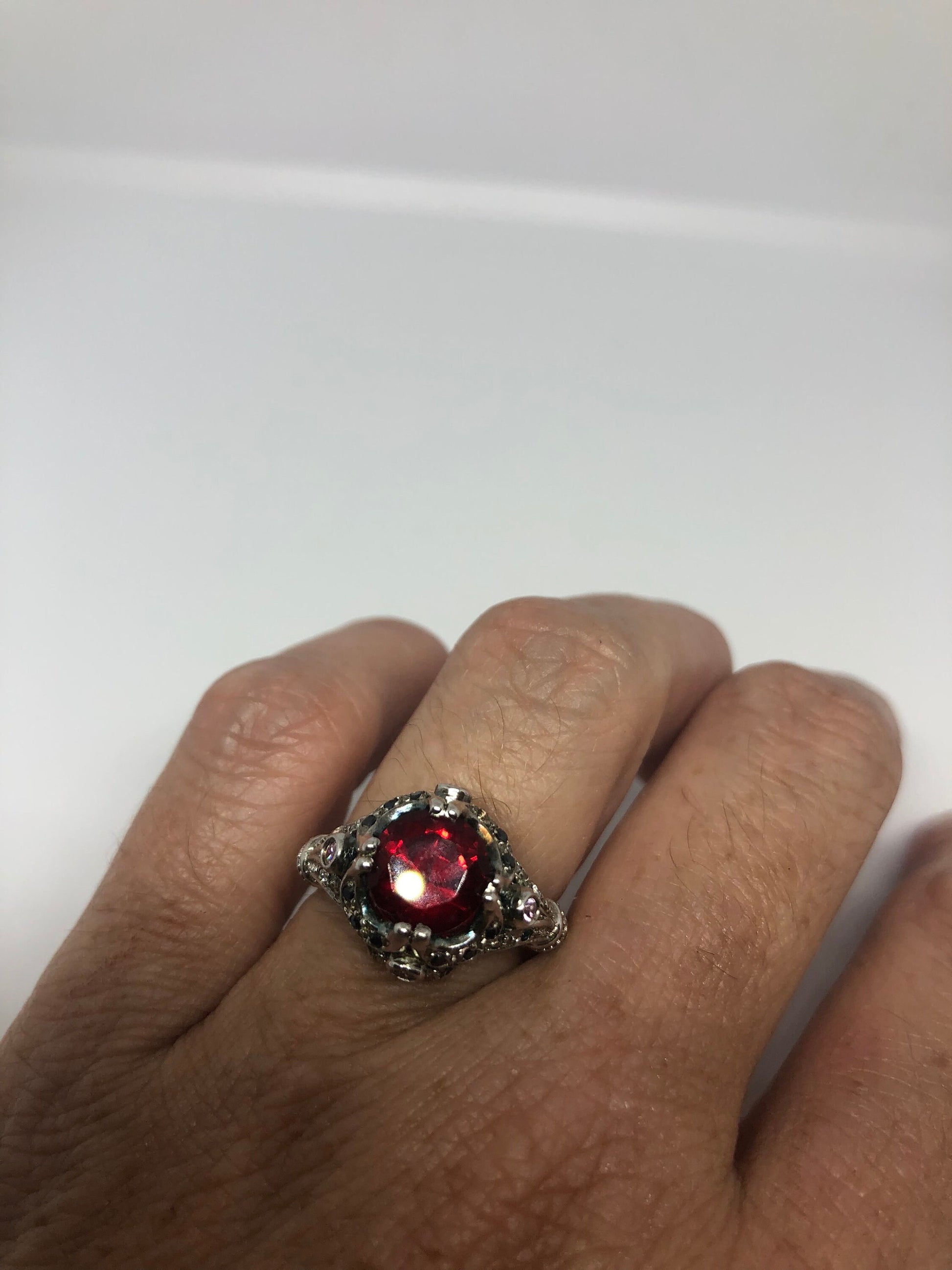 Vintage Handmade Red Tourmaline look Crystal 925 Sterling Silver Gothic Ring