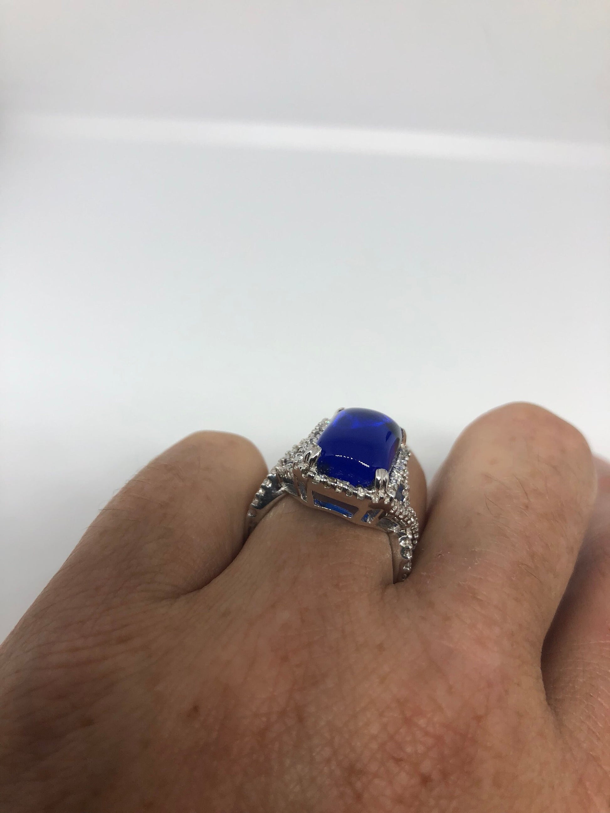 Vintage Handmade Deep Blue Crystal White Sapphire Setting 925 Sterling Silver Gothic Ring