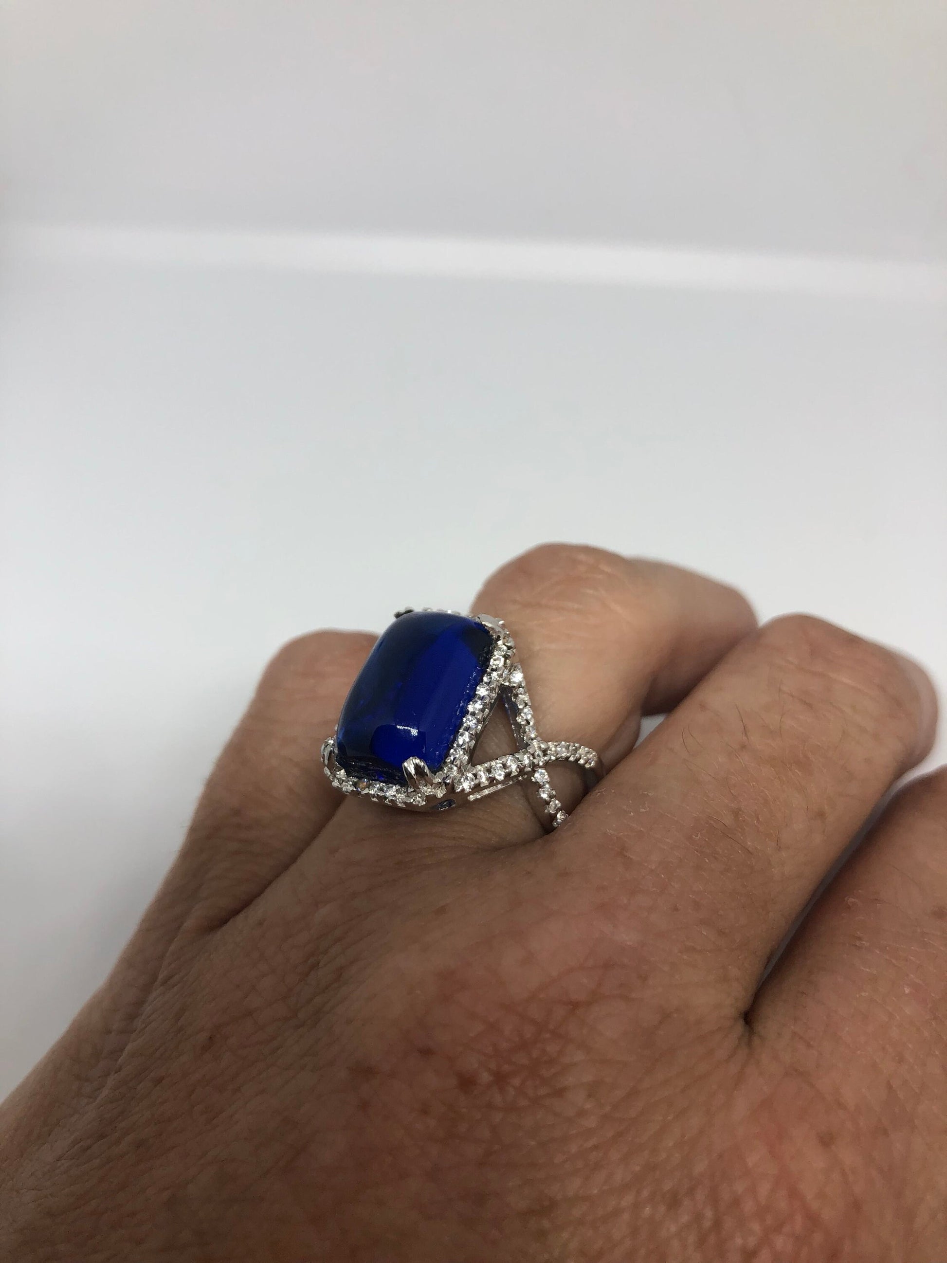 Vintage Handmade Deep Blue Crystal White Sapphire Setting 925 Sterling Silver Gothic Ring