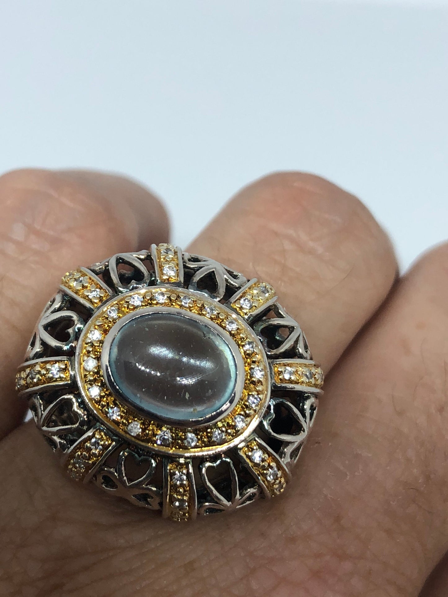 Vintage Genuine Aquamarine White Sapphire 925 Sterling Silver Ring