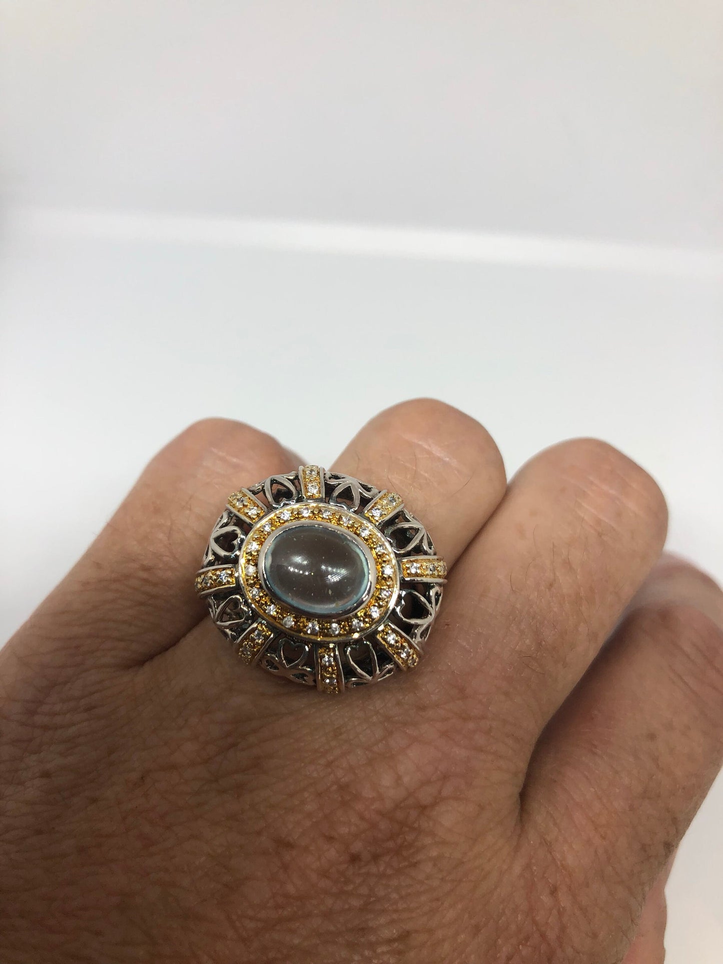 Vintage Genuine Aquamarine White Sapphire 925 Sterling Silver Ring