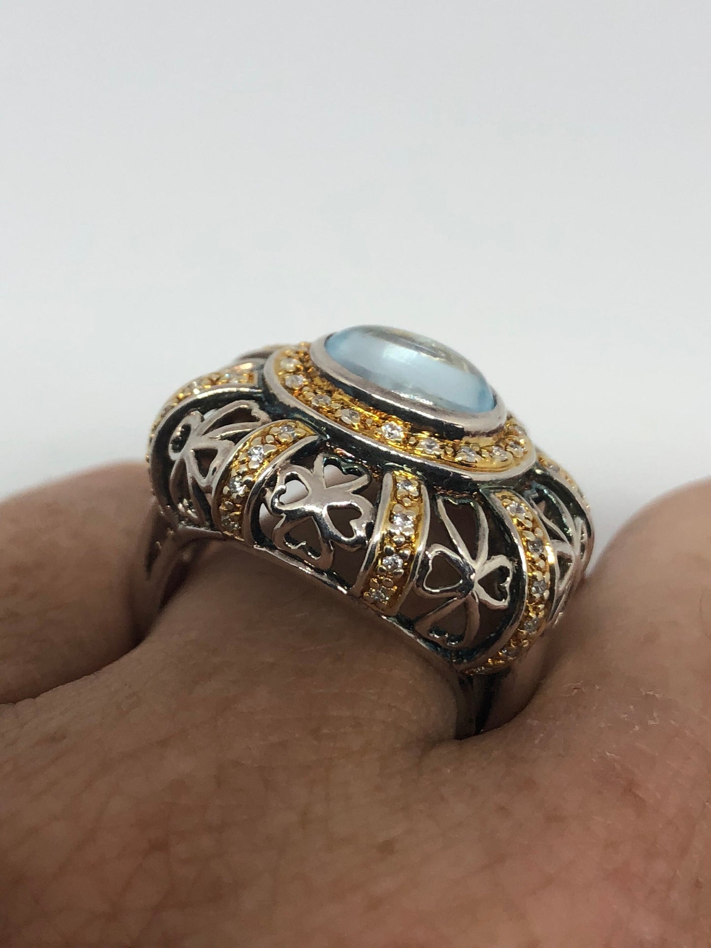 Vintage Genuine Aquamarine White Sapphire 925 Sterling Silver Ring