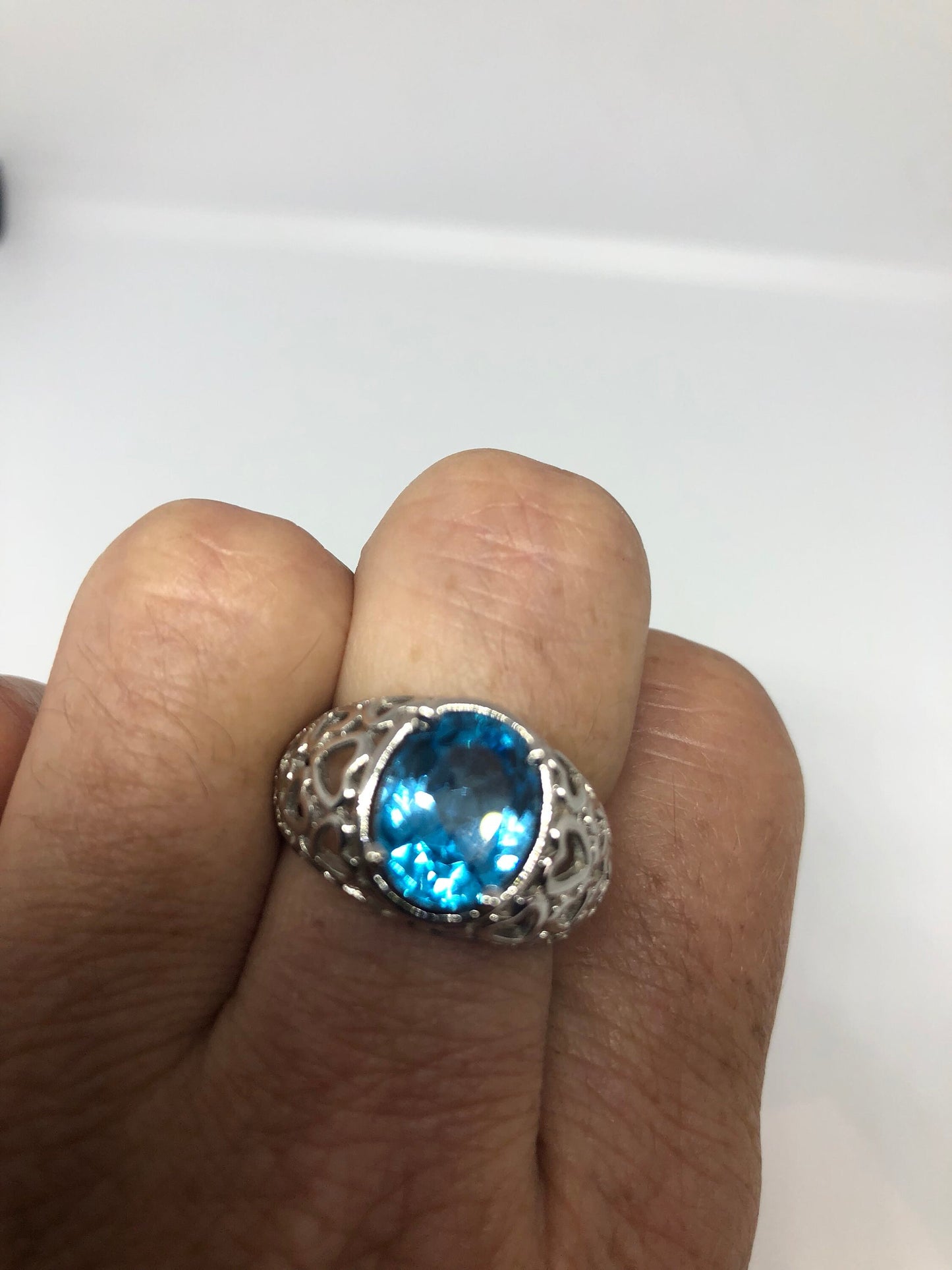 Vintage Genuine Blue Topaz 925 Sterling Silver Rhodium Ring