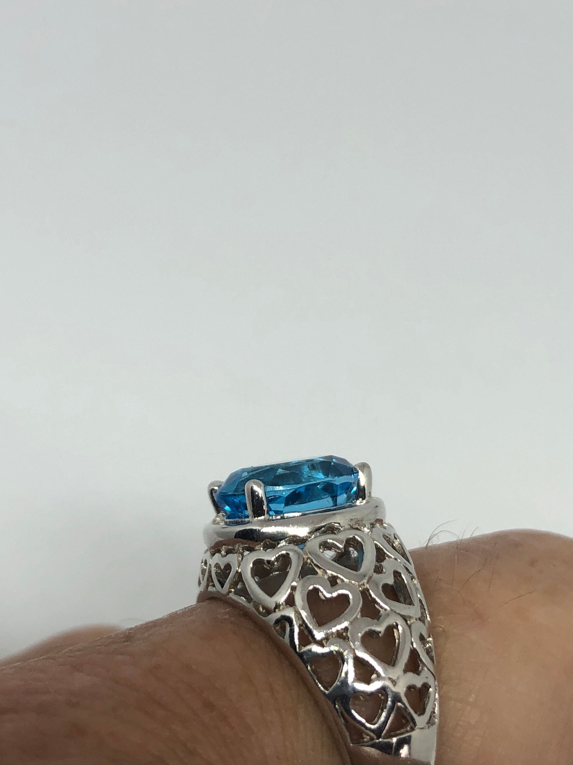 Vintage Genuine Blue Topaz 925 Sterling Silver Rhodium Ring