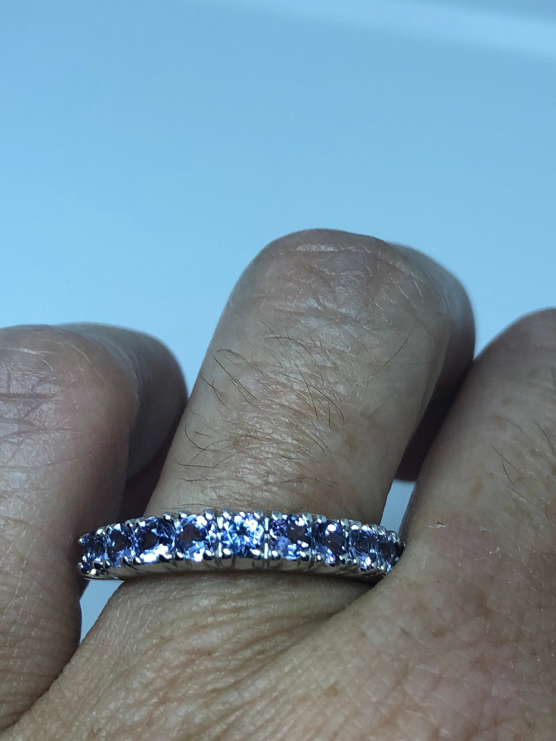 Vintage genuine blue topaz golden 925 sterling silver eternity wedding band Ring