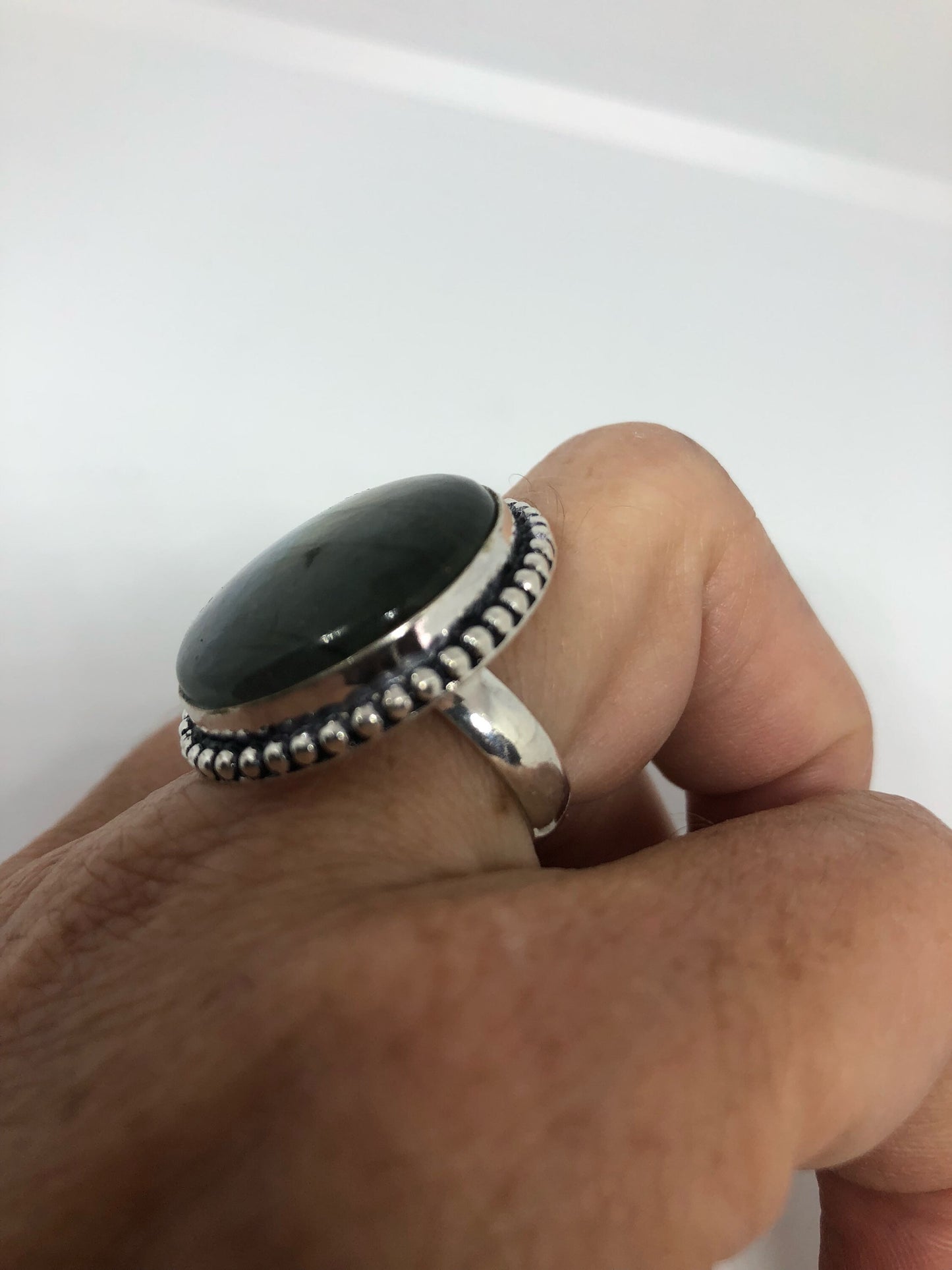 Vintage Large Labradorite Rainbow Moonstone Stone Silver Ring