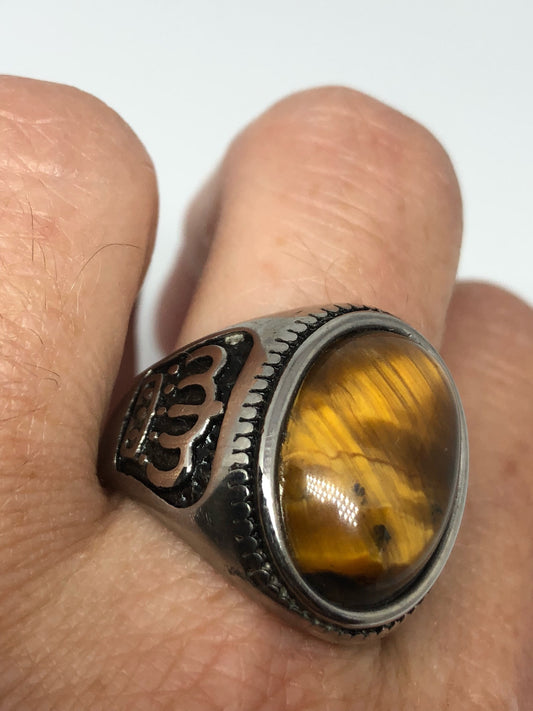 Vintage Gothic Gold Finished Stainless Steel Genuine Tigers Eye Crown Ring