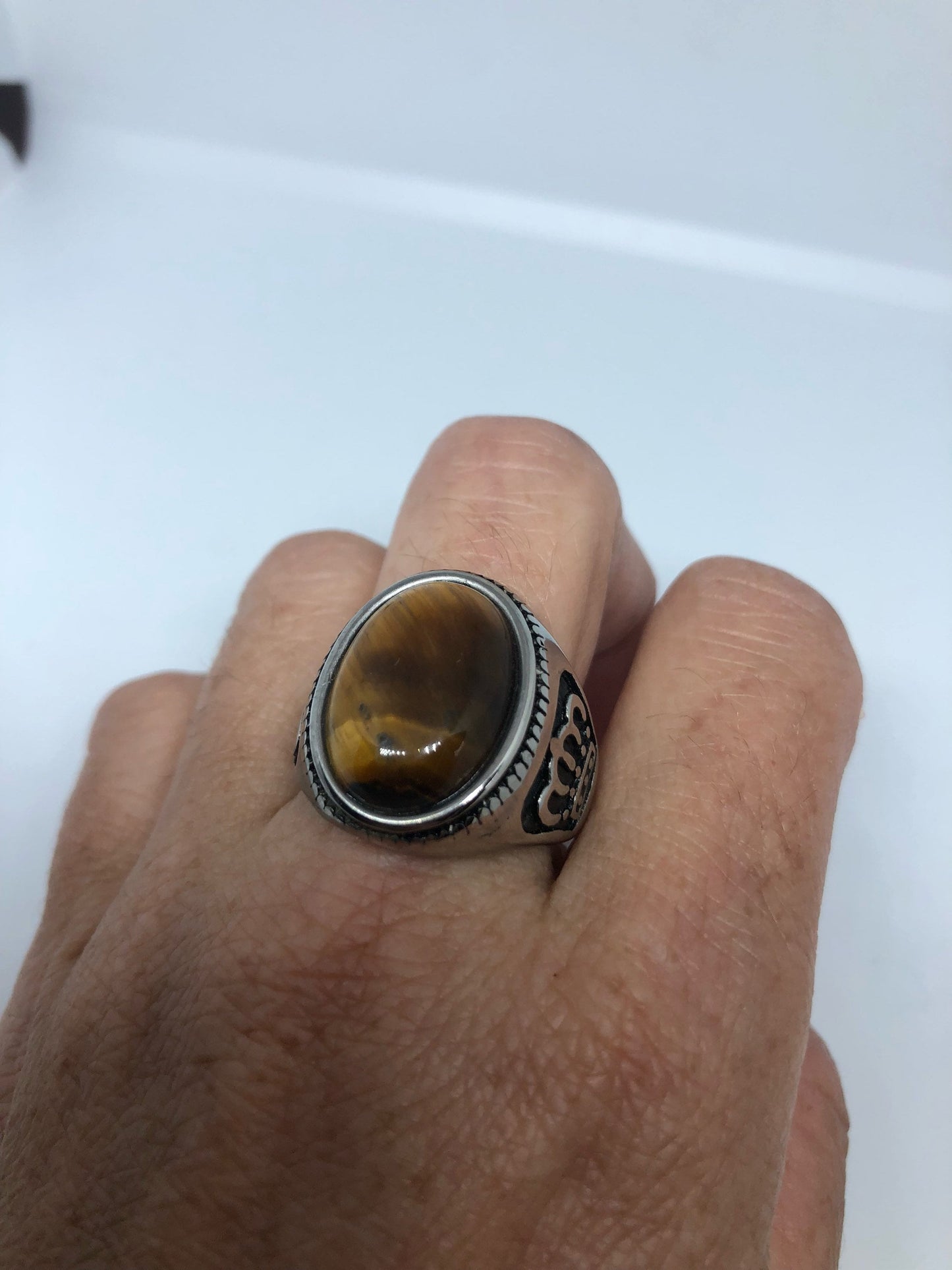 Vintage Gothic Gold Finished Stainless Steel Genuine Tigers Eye Crown Ring