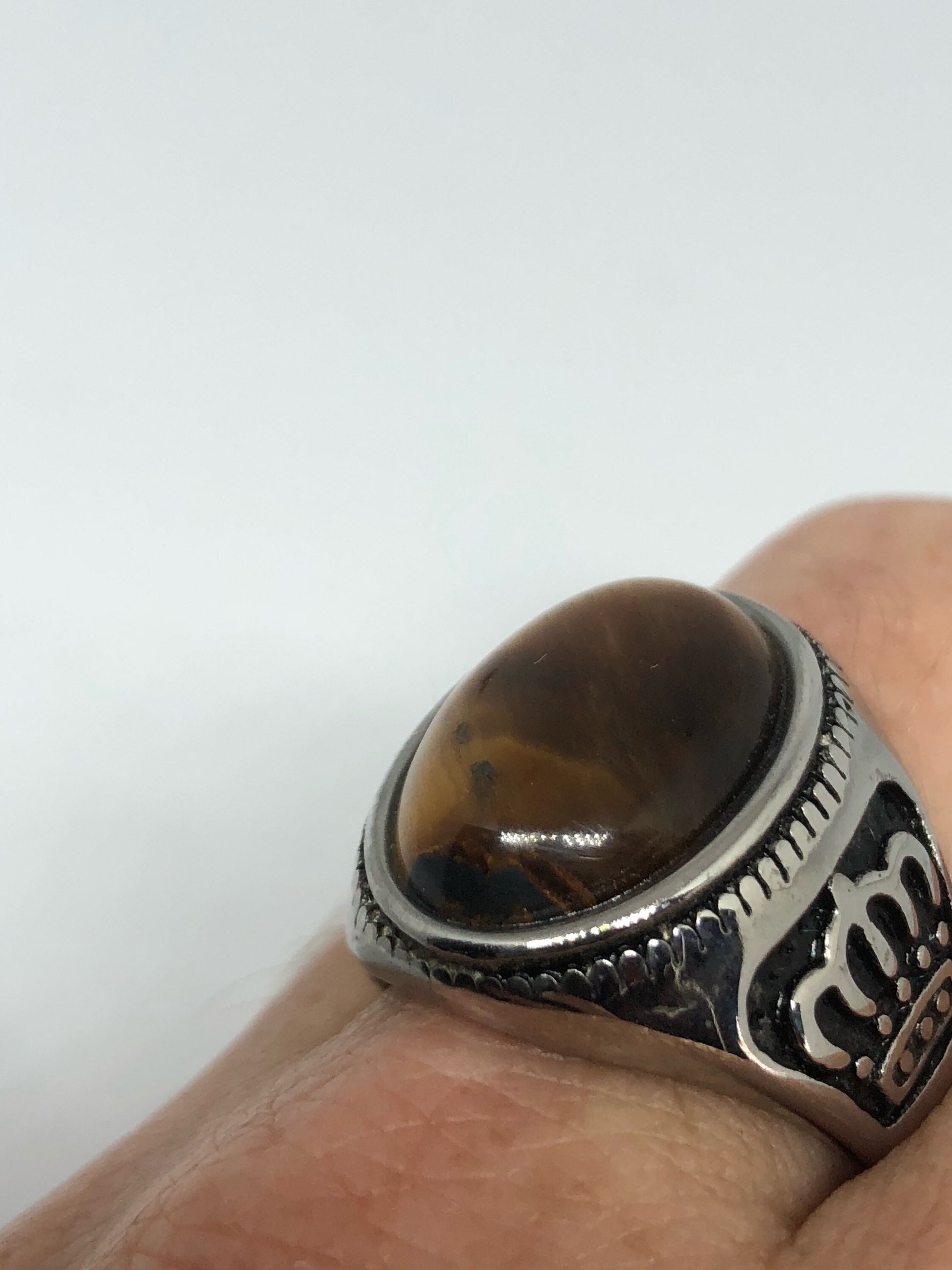 Vintage Gothic Gold Finished Stainless Steel Genuine Tigers Eye Crown Ring