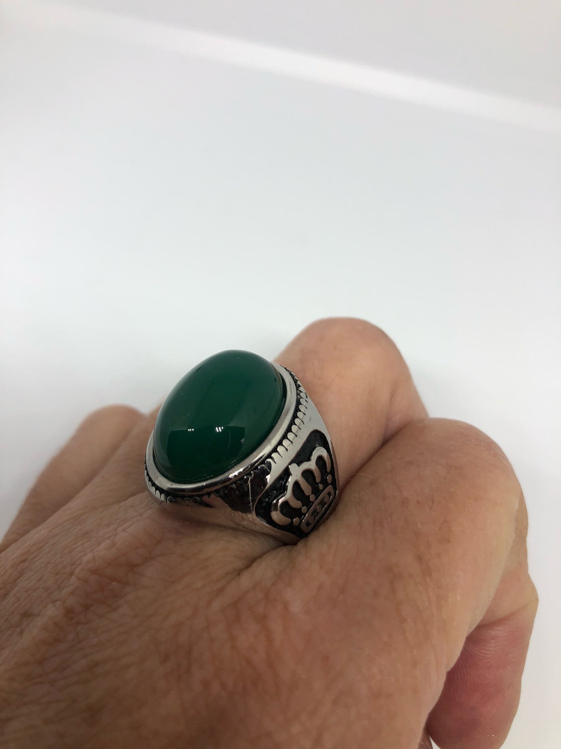 Vintage Gothic Silver Stainless Steel Genuine Green Onyx Mens Ring