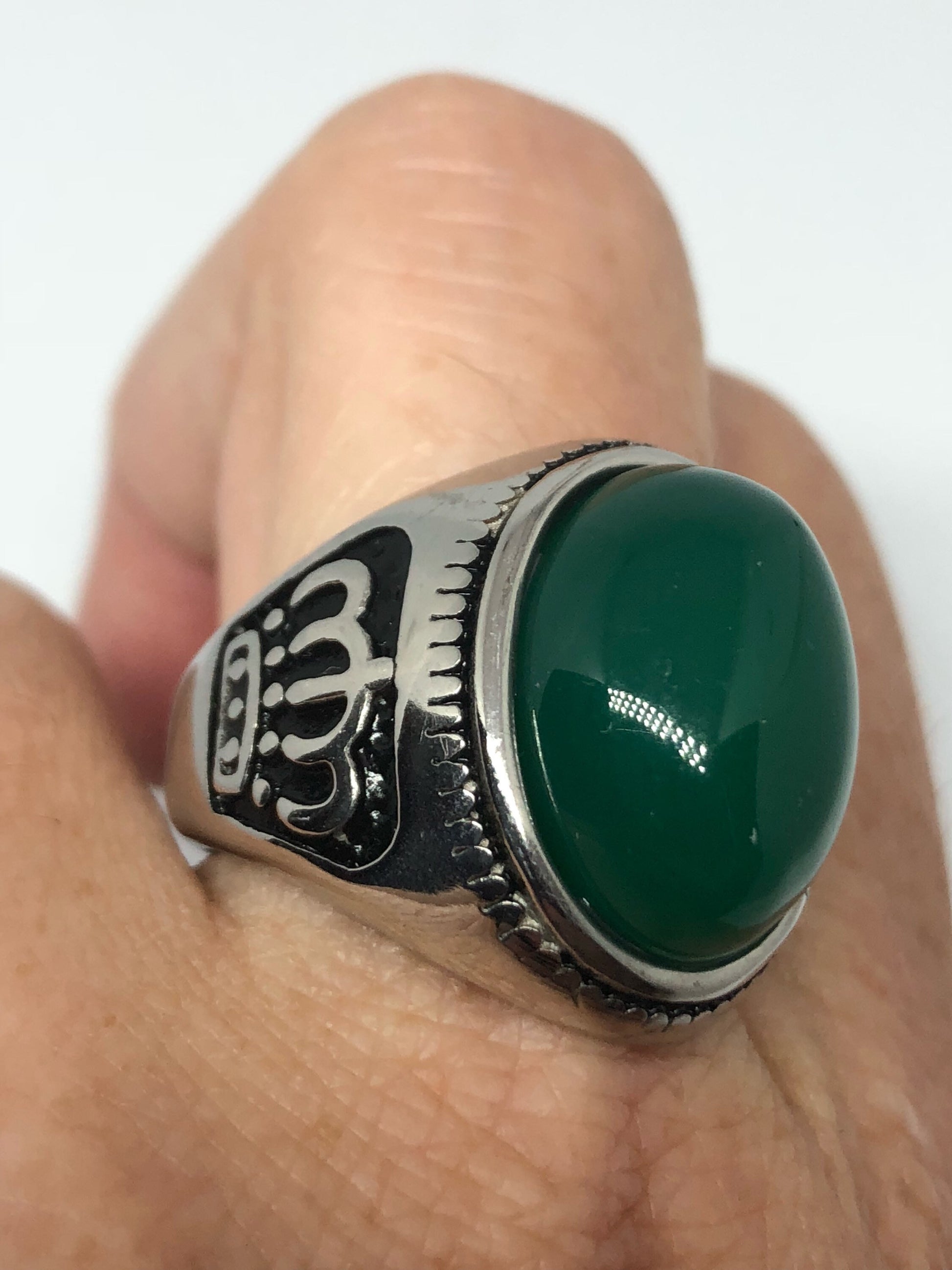 Vintage Gothic Silver Stainless Steel Genuine Green Onyx Mens Ring