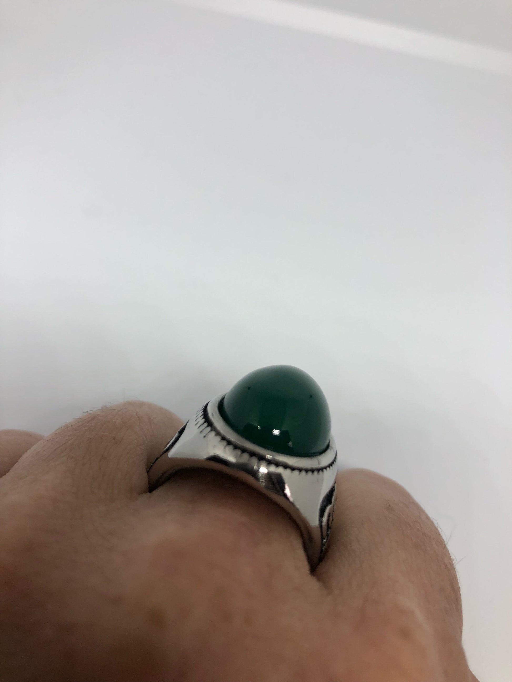 Vintage Gothic Silver Stainless Steel Genuine Green Onyx Mens Ring