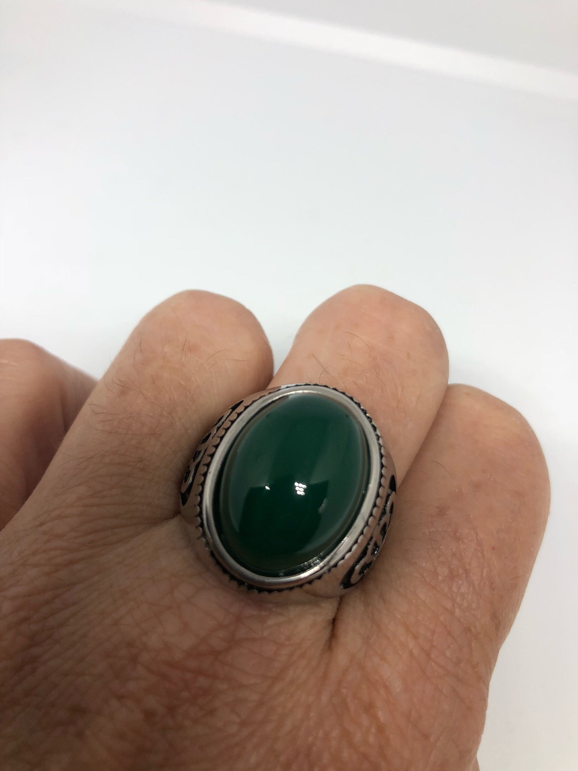 Vintage Gothic Silver Stainless Steel Genuine Green Onyx Mens Ring