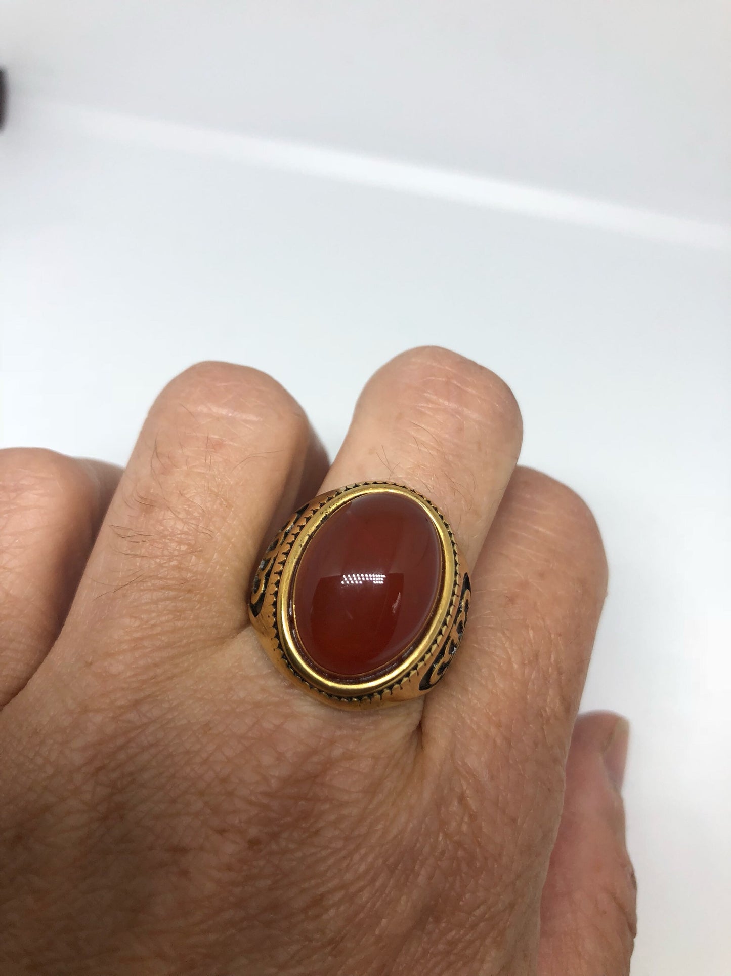 Vintage Gothic Crown Gold Finished Genuine Red Carnelian Men's Ring