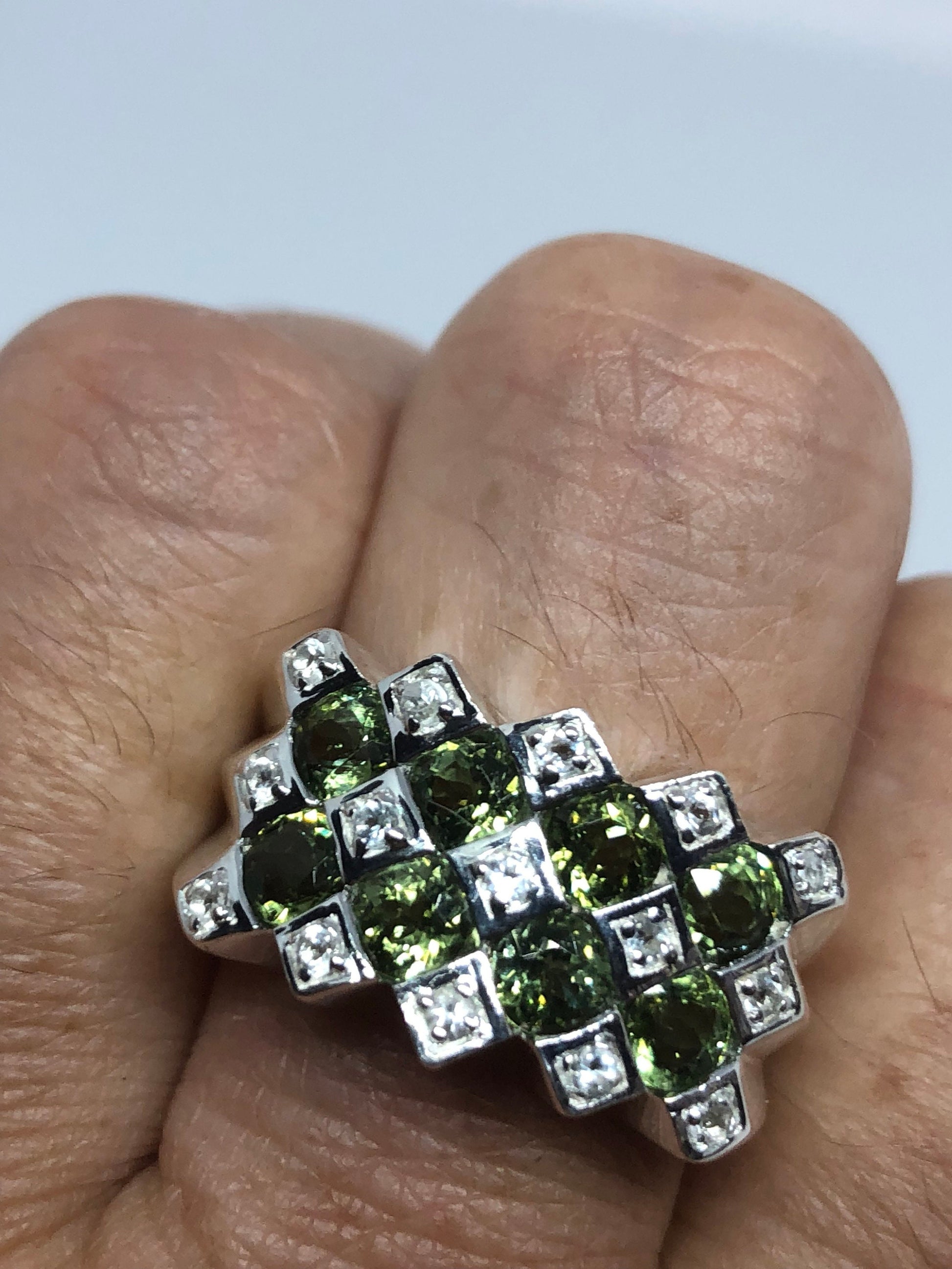 Vintage Handmade Genuine Green Peridot Filigree Setting 925 Sterling Silver Gothic Ring