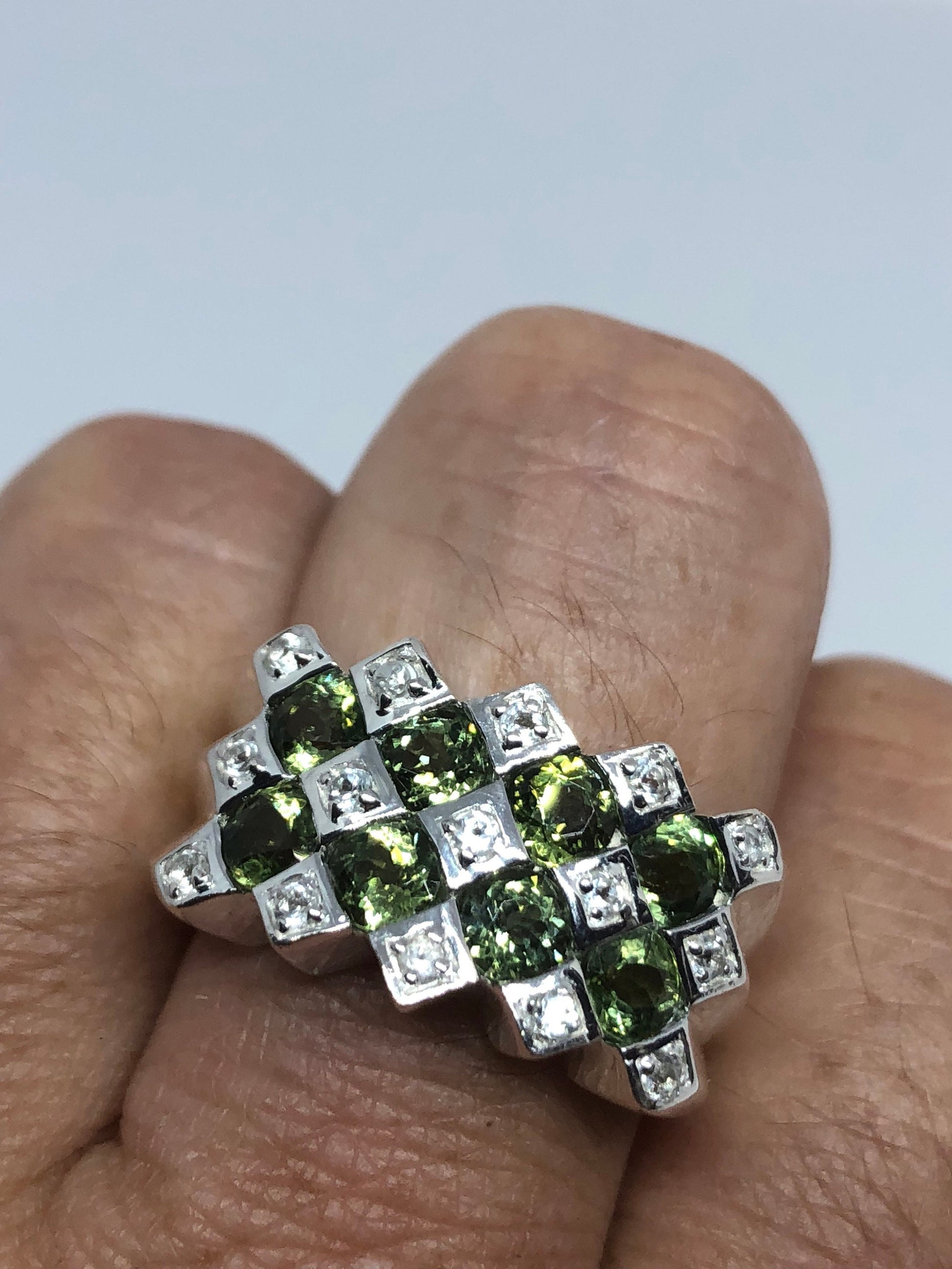 Vintage Handmade Genuine Green Peridot Filigree Setting 925 Sterling Silver Gothic Ring