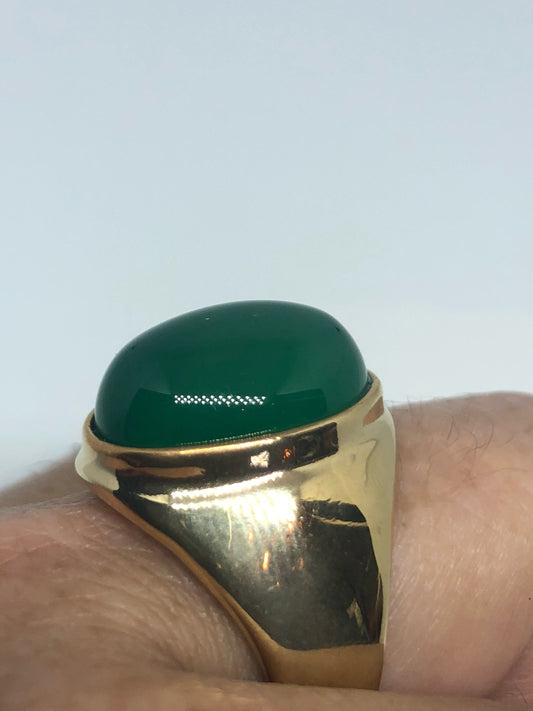 Vintage Gothic Gold Finished Genuine Green Chrysopraise Mens Ring