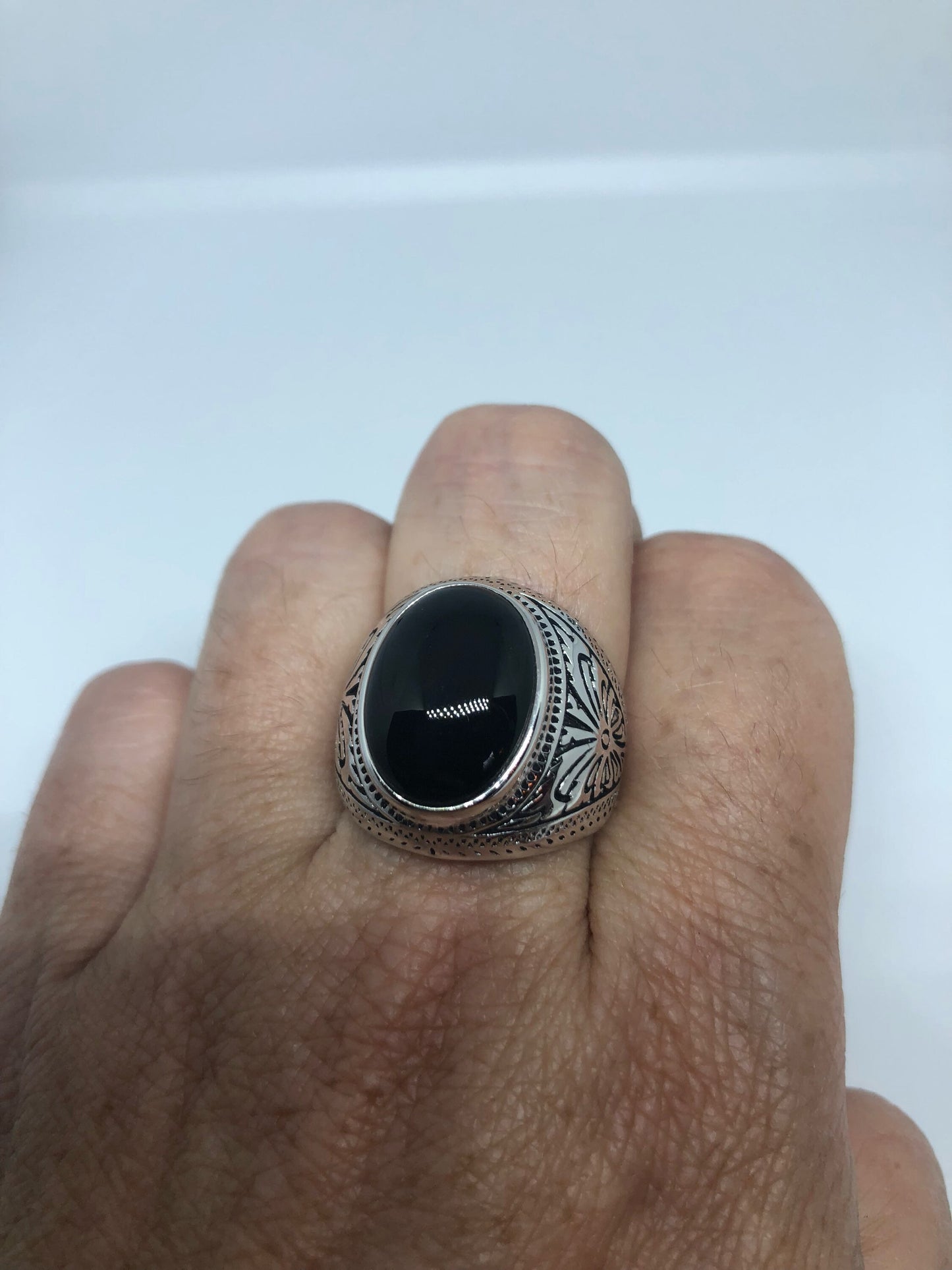 Vintage Celtic Genuine Black Onyx 925 Sterling Silver Mens Ring