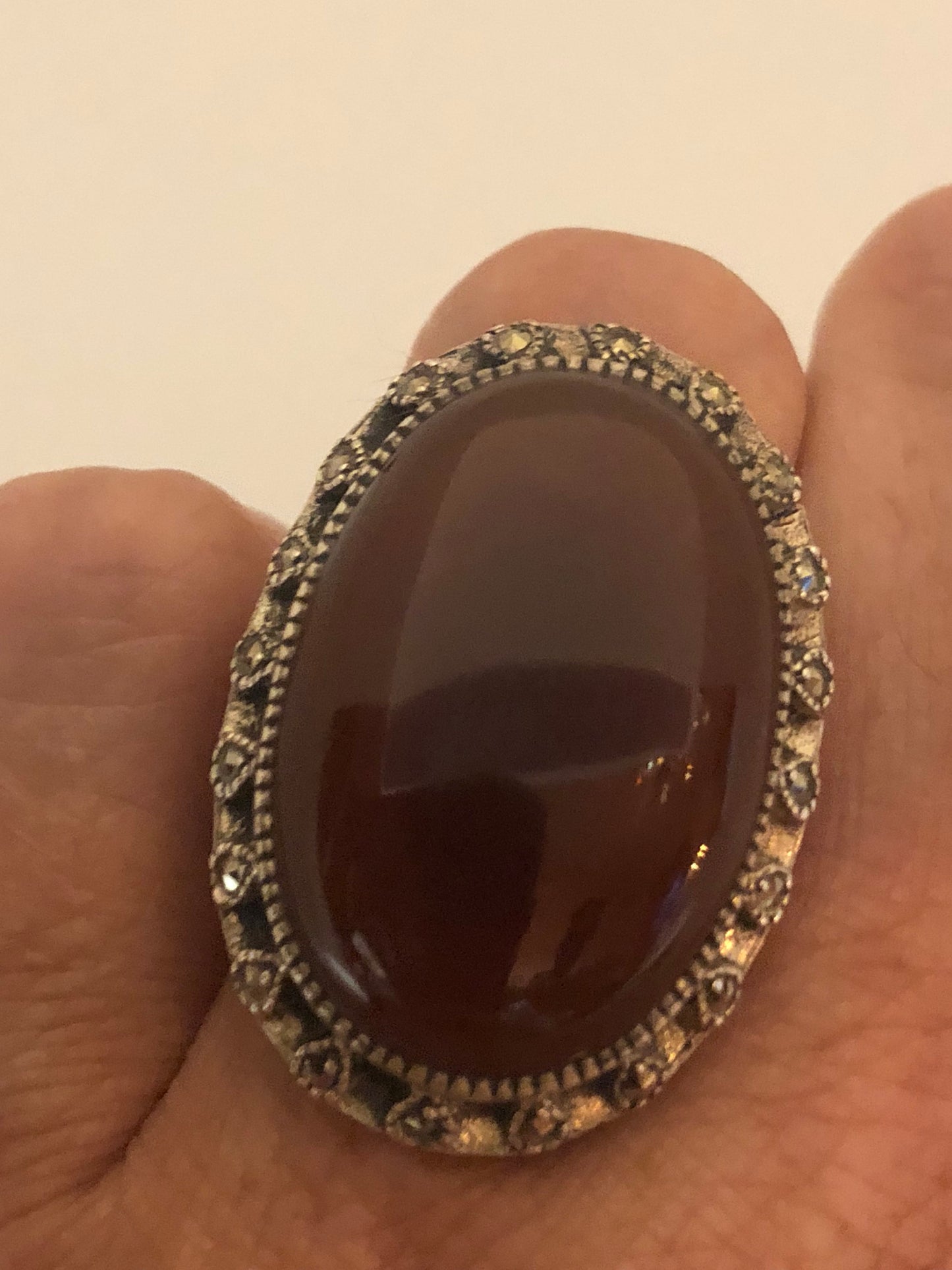 Vintage Genuine Red Carnelian 925 Sterling Silver Marcasite Ring