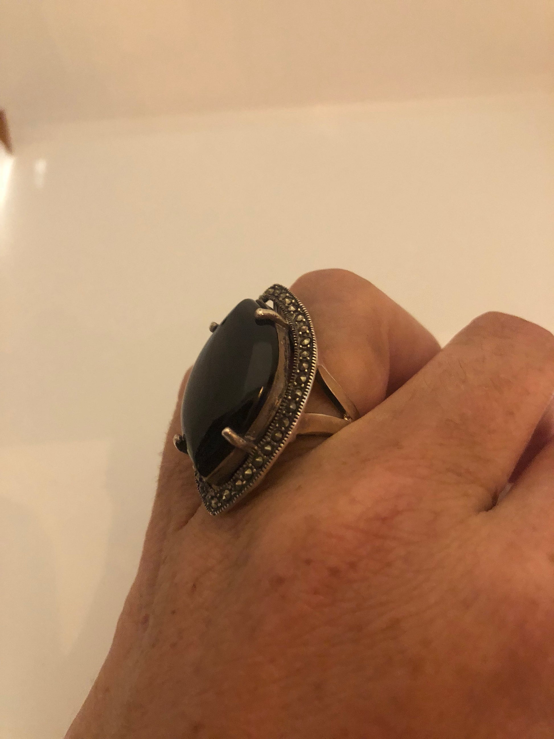 Vintage Genuine Black Onyx Silver Marcasite Ring