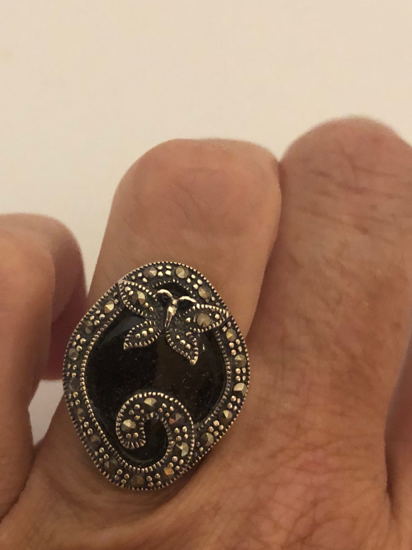 Vintage Genuine Black Onyx Silver Marcasite Ring