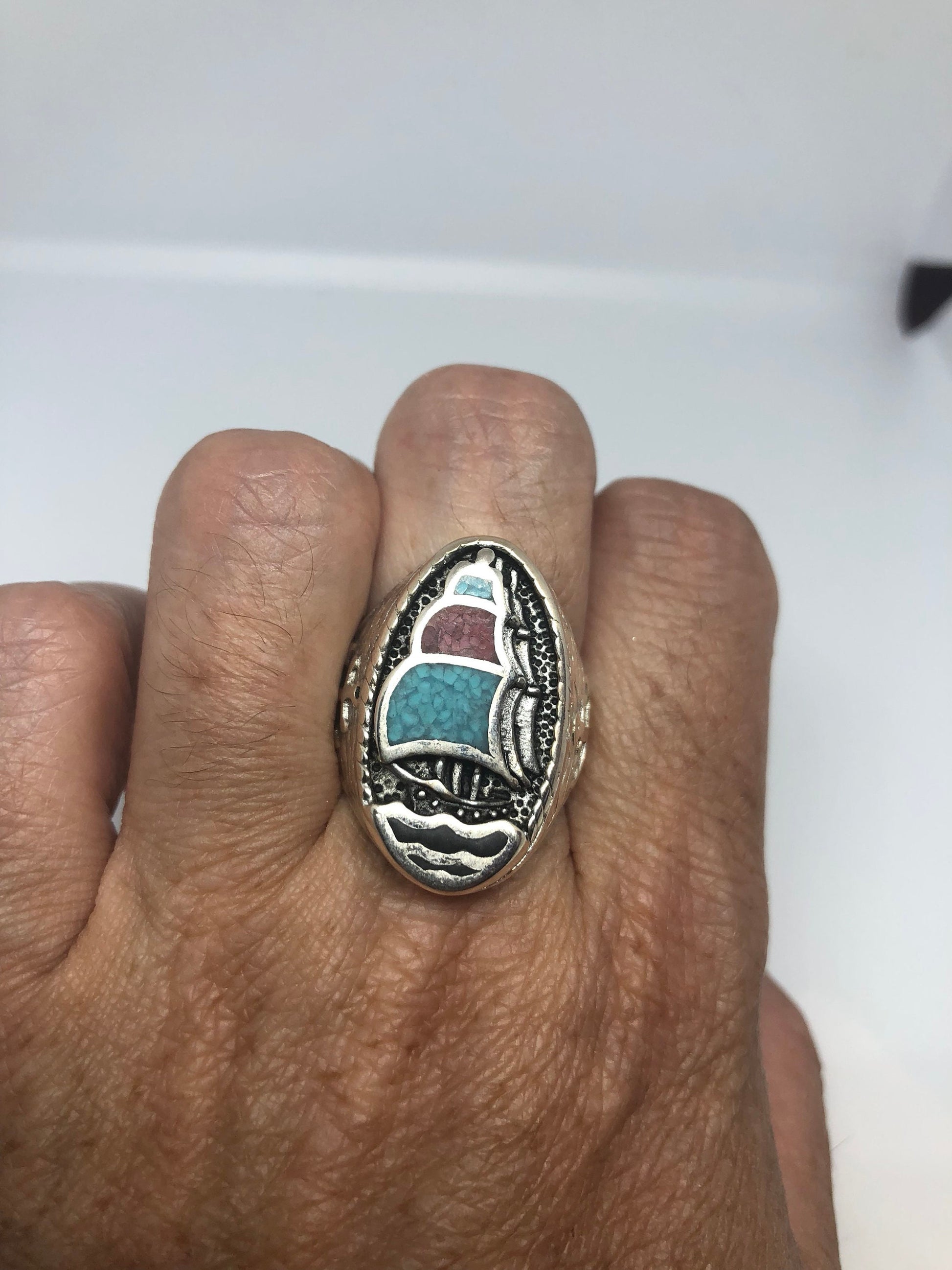 Vintage Southwestern Genuine Turquoise Inlay Sailboat Mens Ring