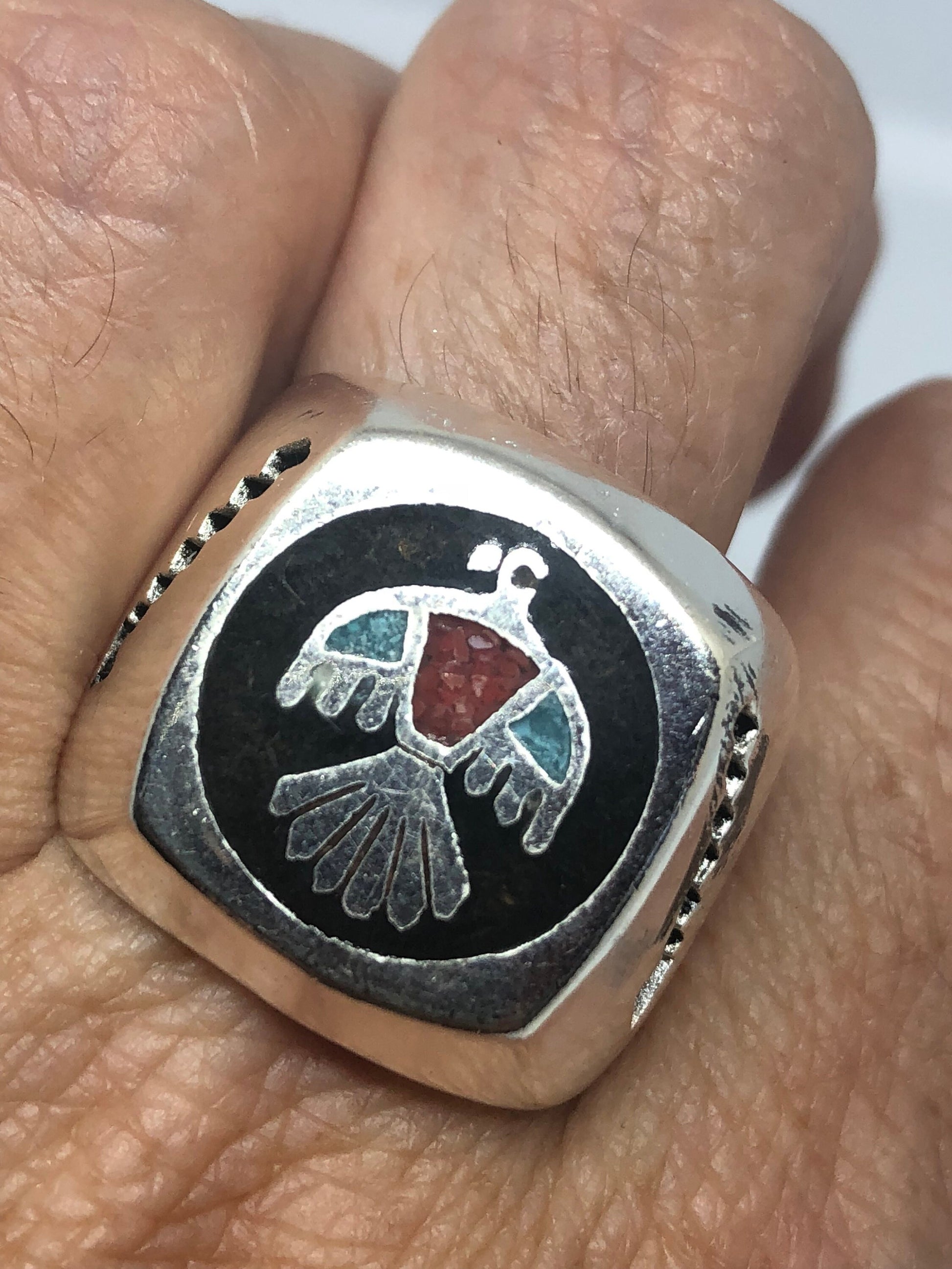 Vintage Thunderbird Ring Native American Style Southwestern Turquoise Stone Inlay Mens