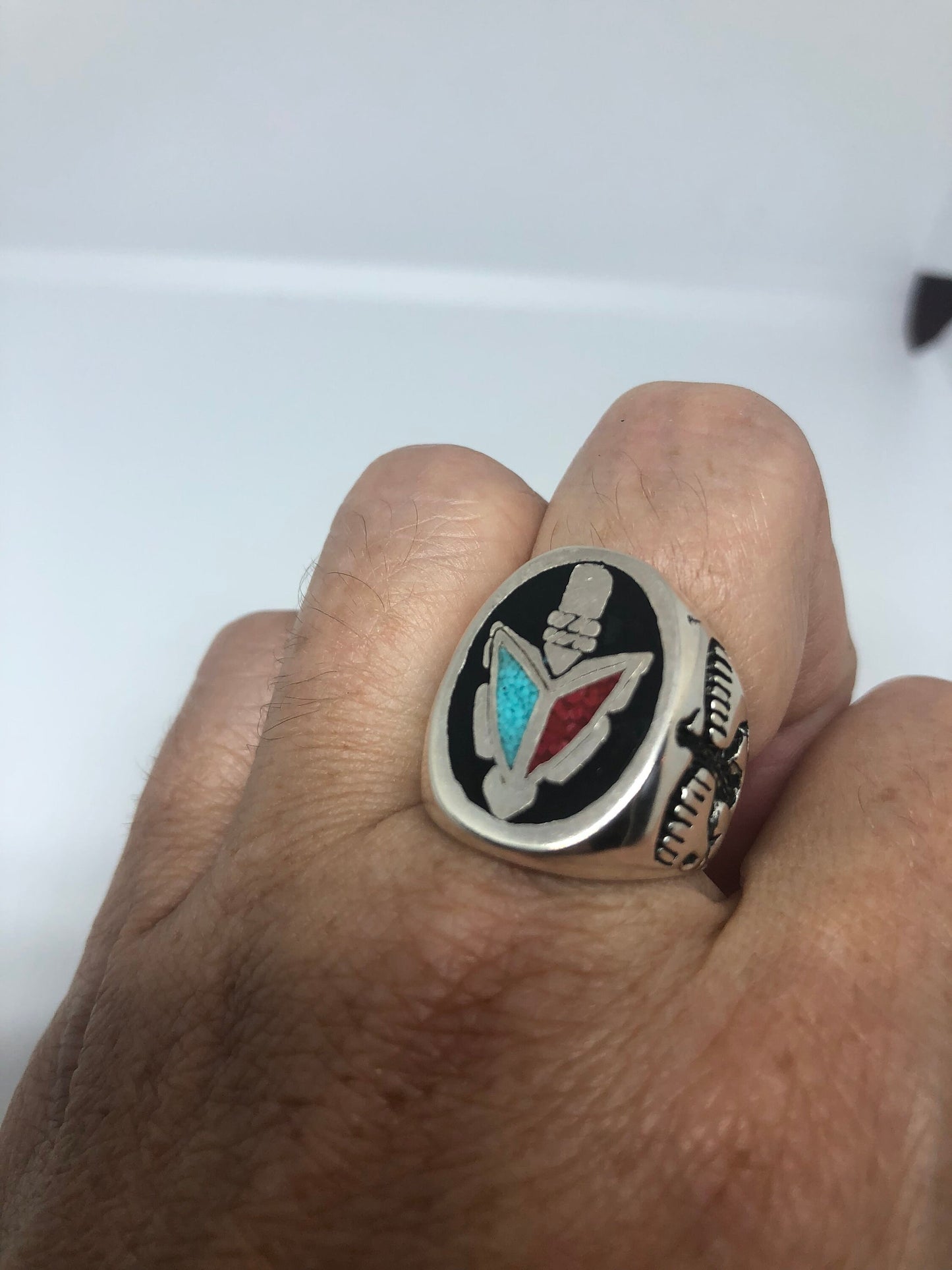 Vintage Native American Style Southwestern Stone Turquoise Inlay Tomahawk Mens Ring