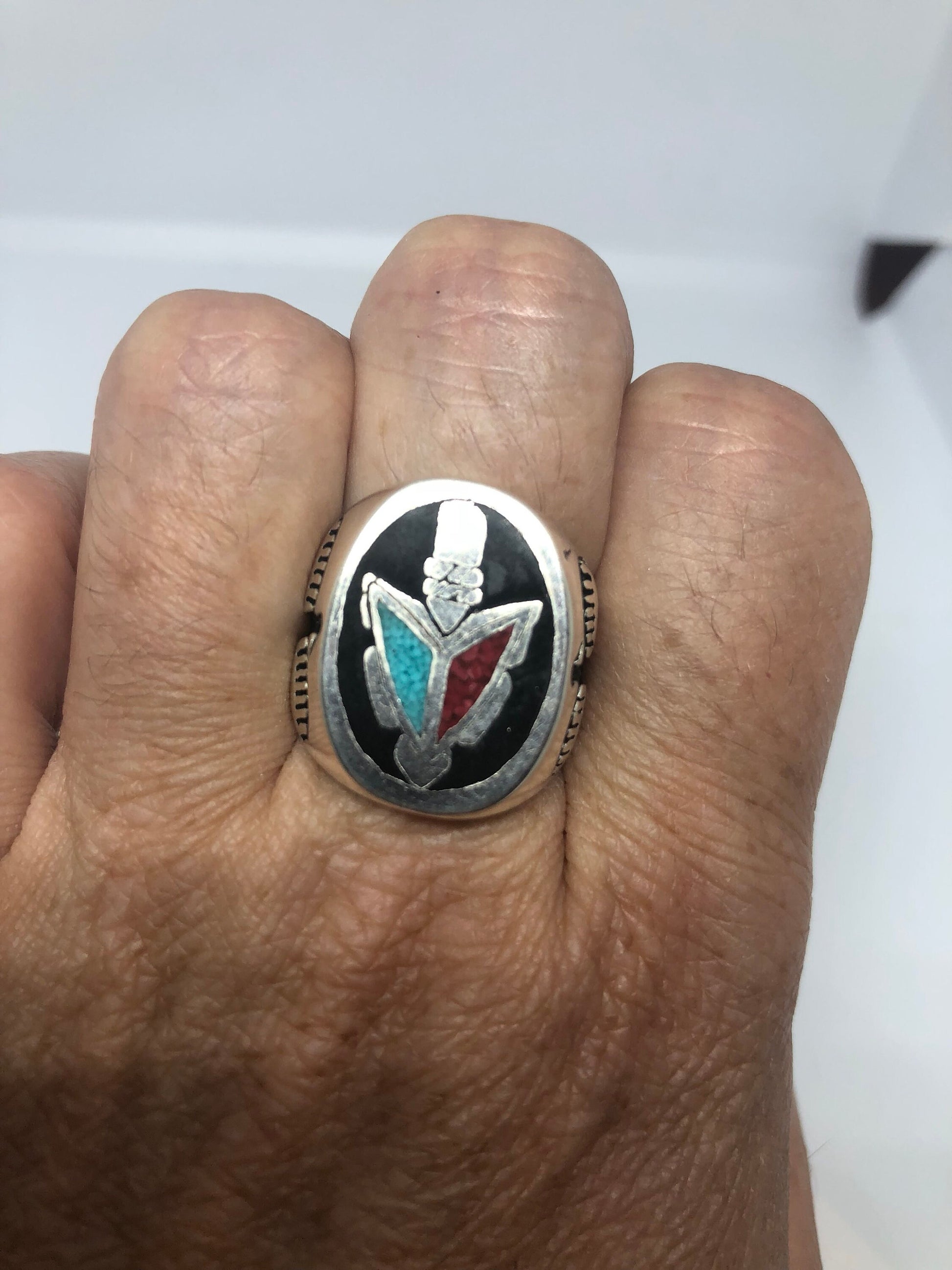 Vintage Native American Style Southwestern Stone Turquoise Inlay Tomahawk Mens Ring