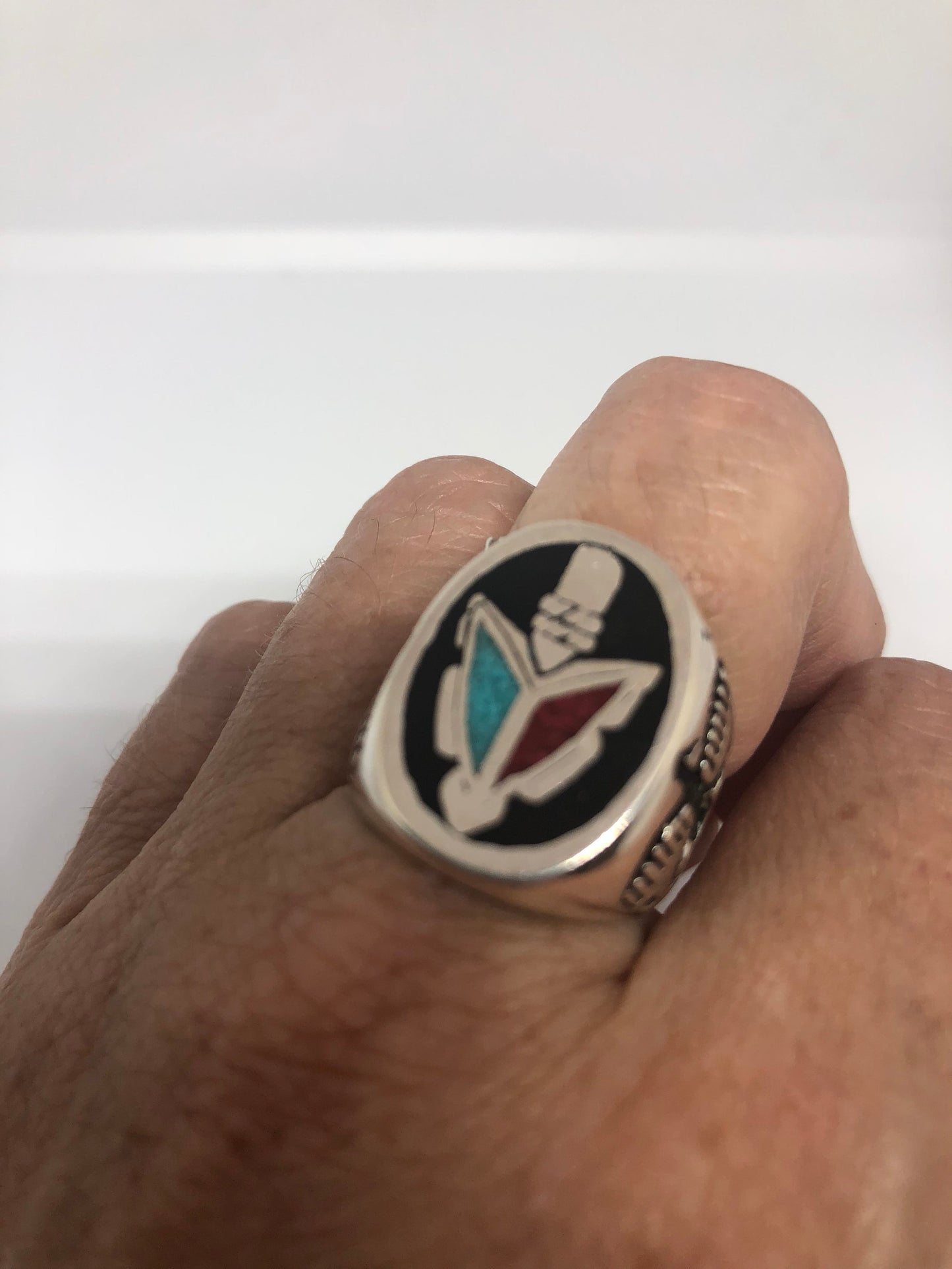 Vintage Native American Style Southwestern Stone Turquoise Inlay Tomahawk Mens Ring