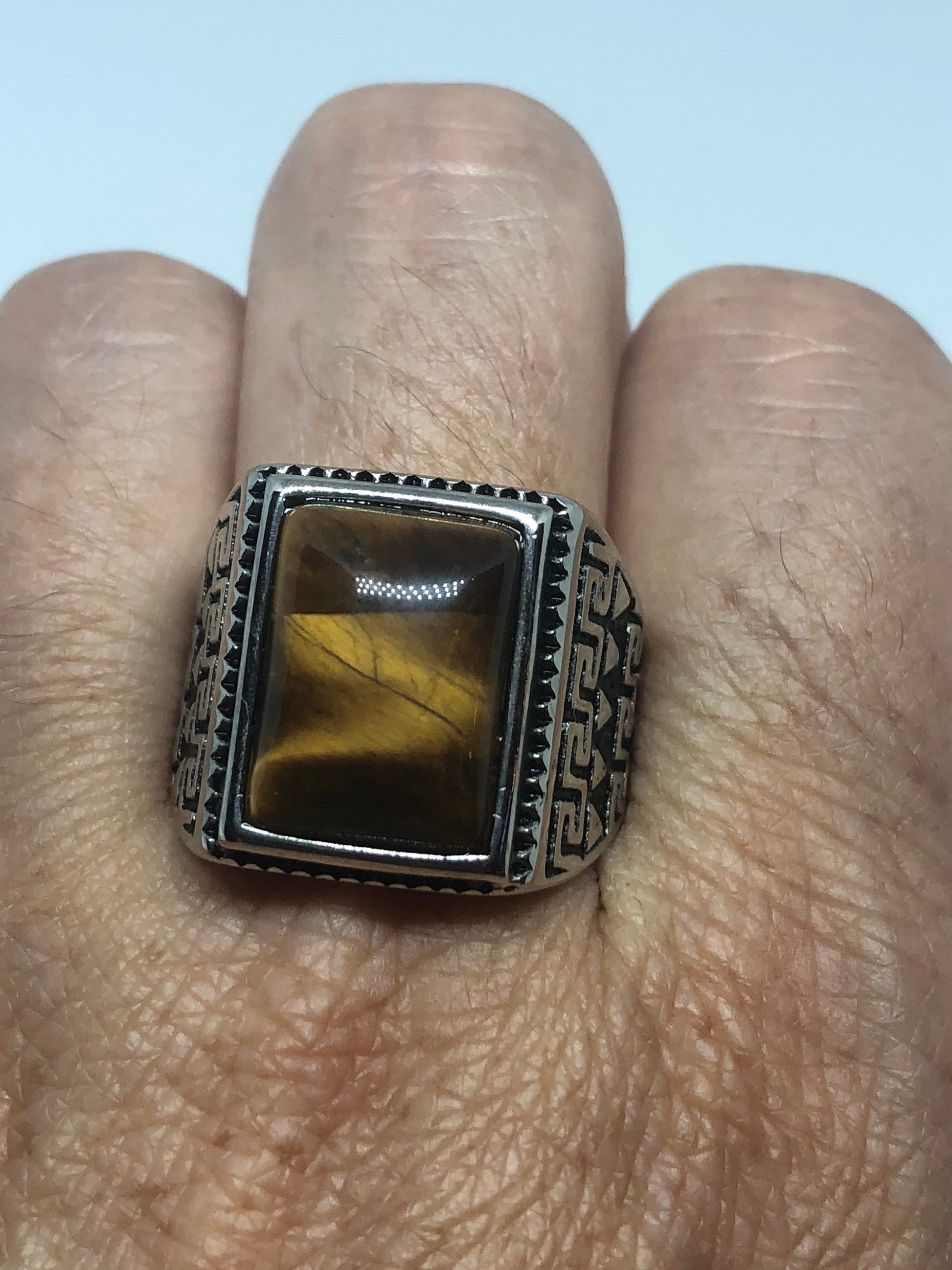 Vintage Gothic Stainless Steel Genuine Tigers Eye Ring